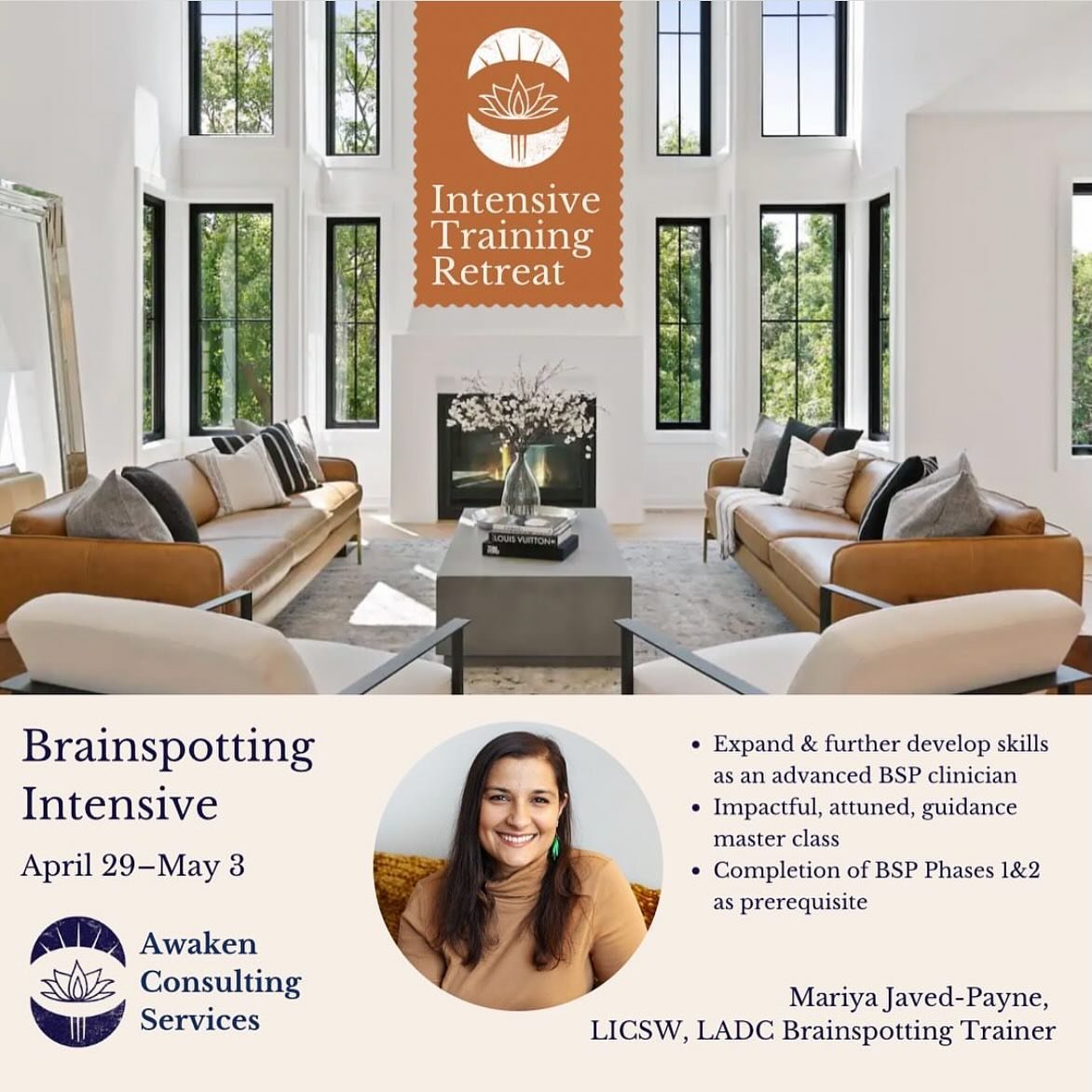✨One Spot Left!✨ Rejuvenate yourself this spring and join nine other clinicians and myself in an intimate Brainspotting intensive retreat at a beautiful location in Eden Prairie Minnesota&mdash;a 5 day deep dive to expand your skills and work on your