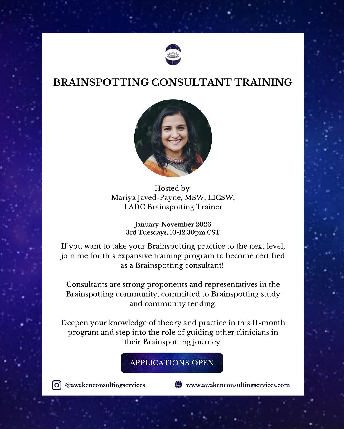 📣2026 CIT Cohort Application Open 📣

The year-long program (Jan&ndash;Nov 2026) is the next step after certification, designed to deepen your clinical practice while preparing you to guide others on their Brainspotting journey.

Rooted in a decolon