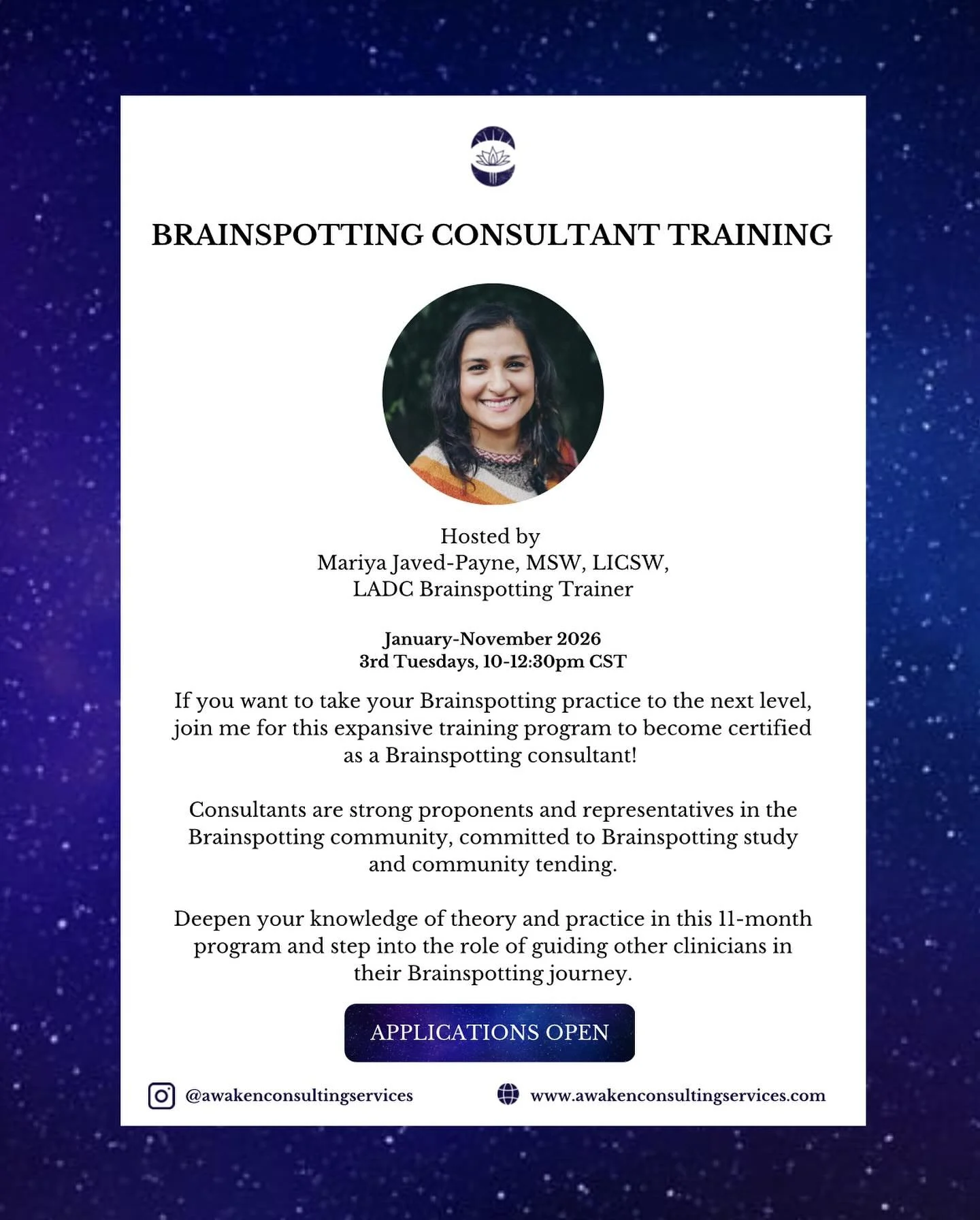 CIT Cohort Application Open 📣

The year-long program (Jan&ndash;Nov 2026) is the next step after certification, designed to deepen your clinical practice while preparing you to guide others on their Brainspotting journey.

Rooted in a decolonized et