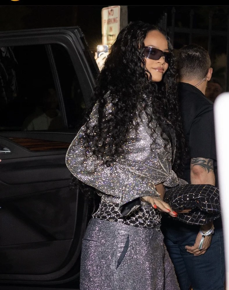 Custom work for Rihanna featuring precision rhinestone embellishment for a night-out look, enhancing texture and light with subtle dimension and polish.