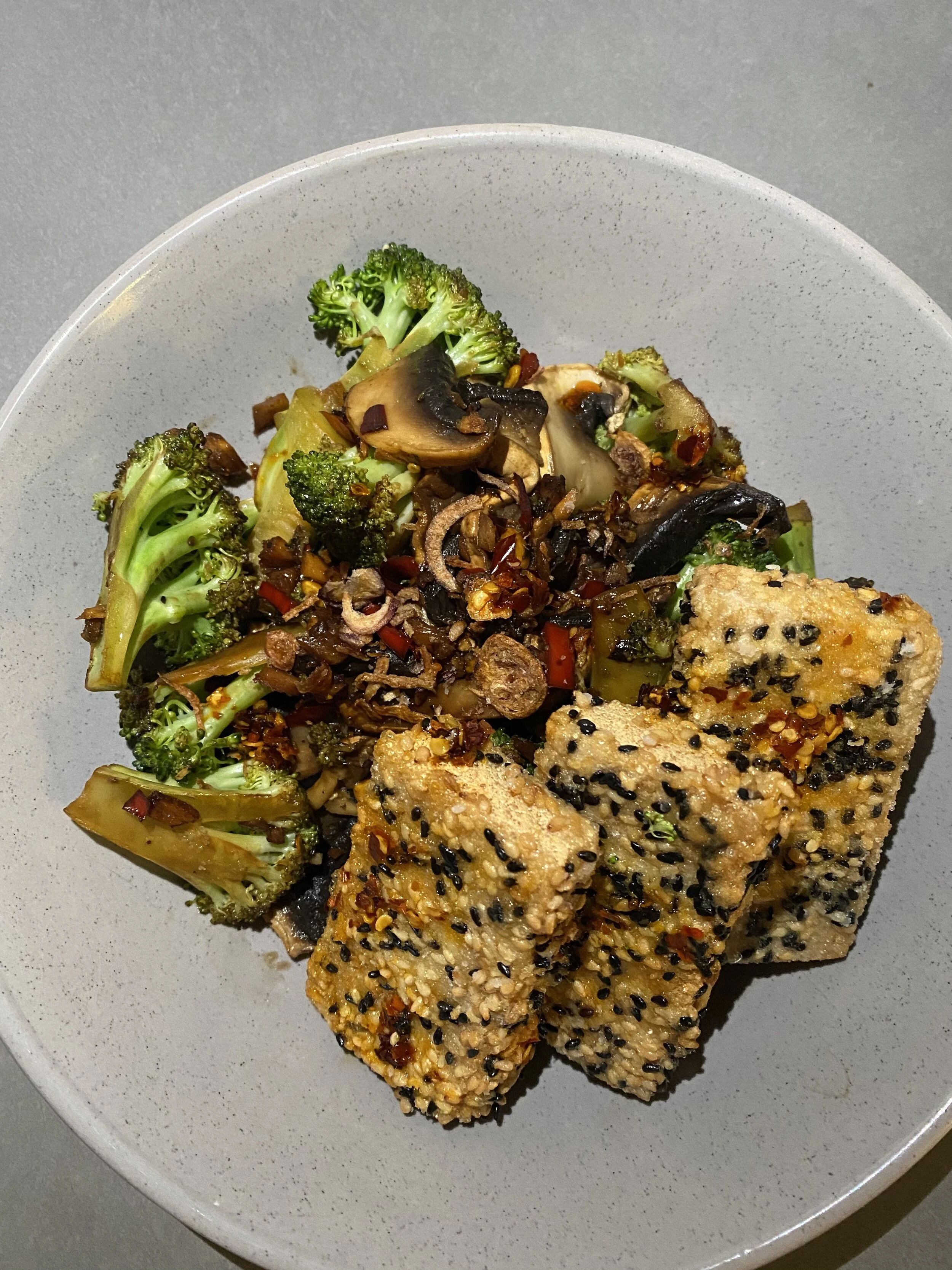 Sesame Crusted Tofu w/ Sautéed Mushrooms &amp; Broccoli