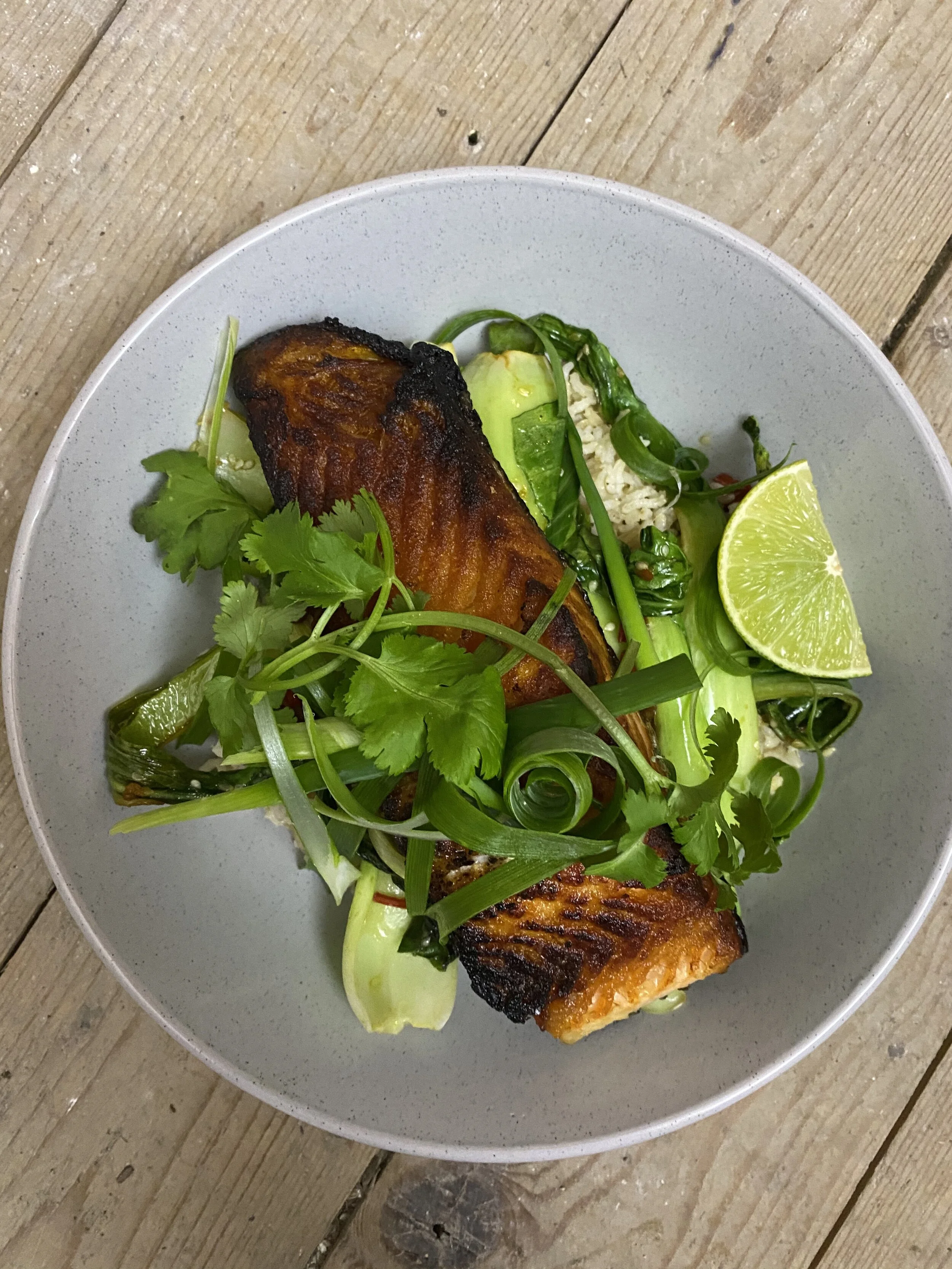 Crispy Salmon w/ Baby Pak Choy &amp; Coconut Rice