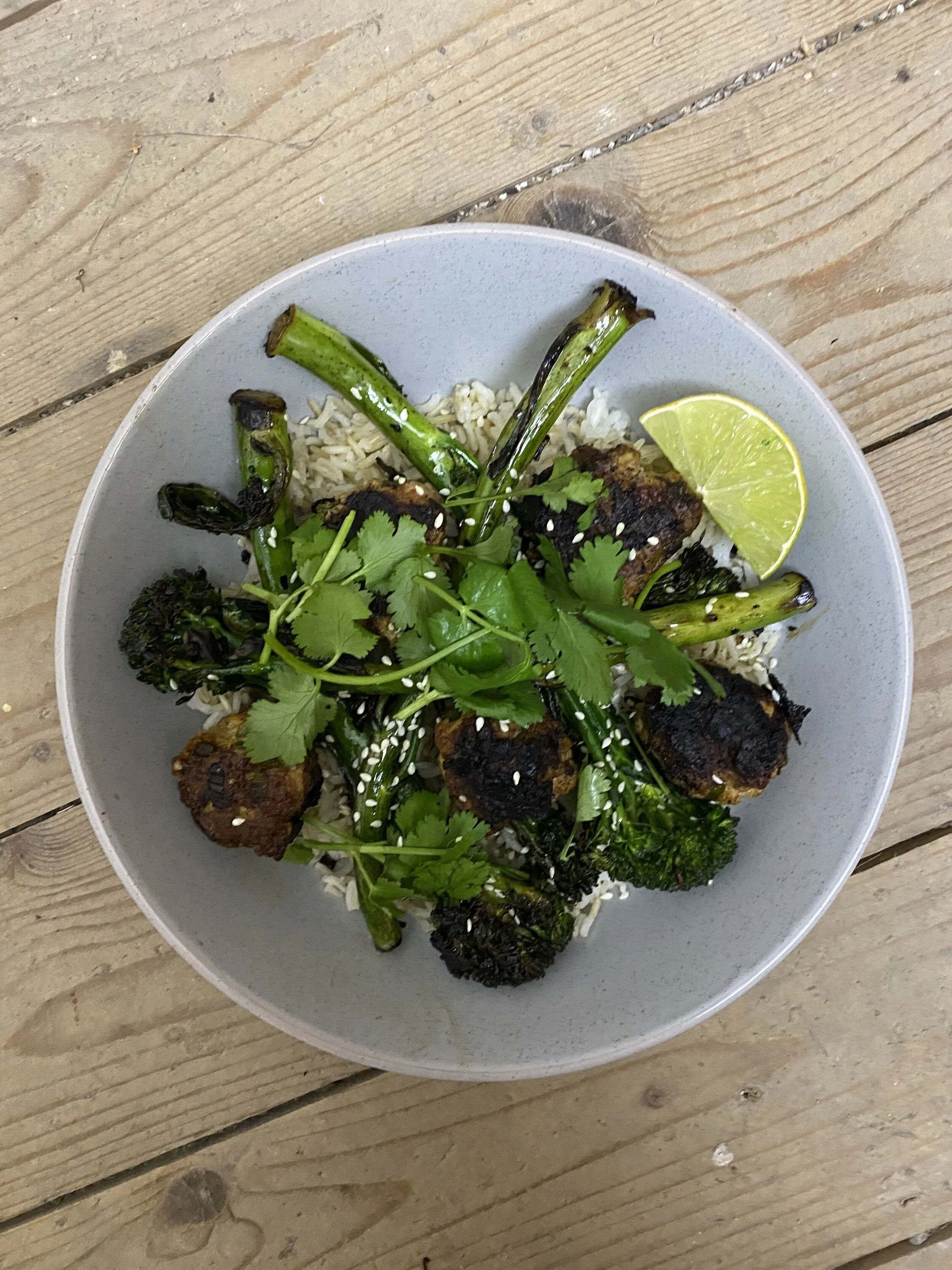 Pork &amp; Ginger Meatballs w/ Broccolini and Brown Rice