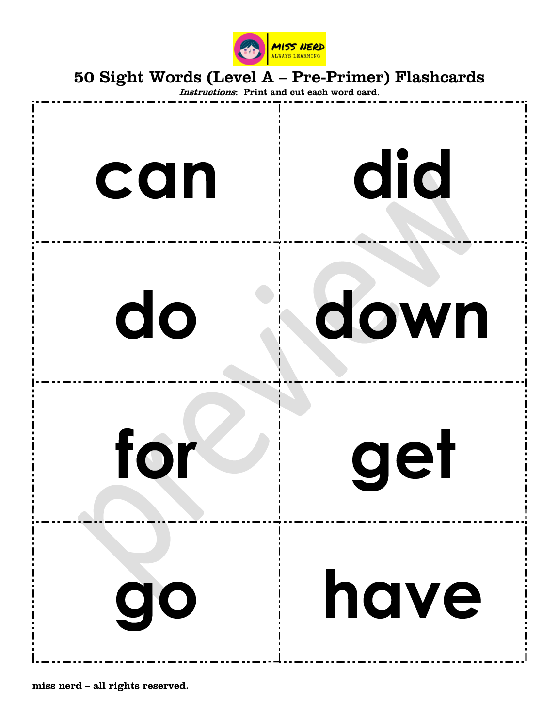 ss - miss nerd - ignite - 50 Sight Words - (Level A - Pre-Primer) Flashcards - preview 2.PNG