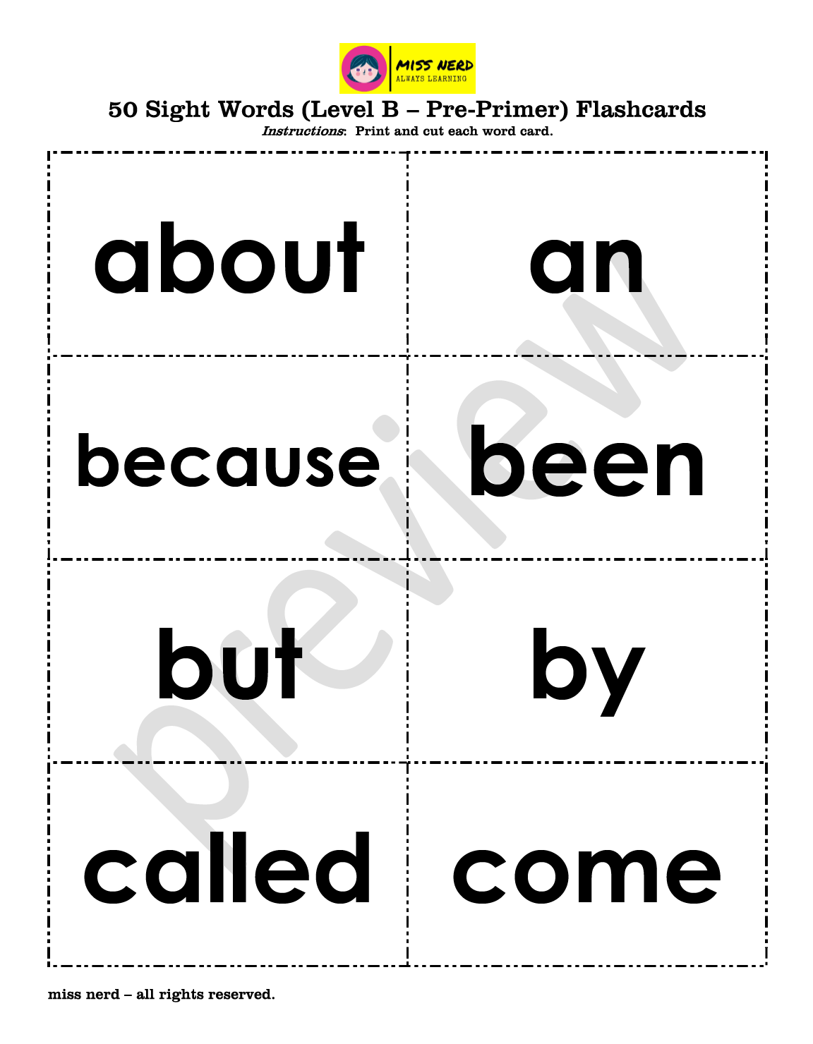 miss nerd - ignite - 50 Sight Words Flashcards (Level B - Pre-Primer) - preview 1.PNG