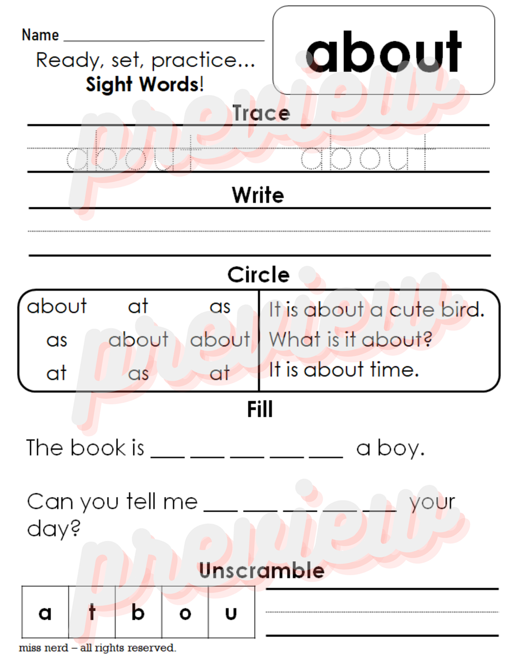 50 sight word worksheets pre primer level b miss nerd