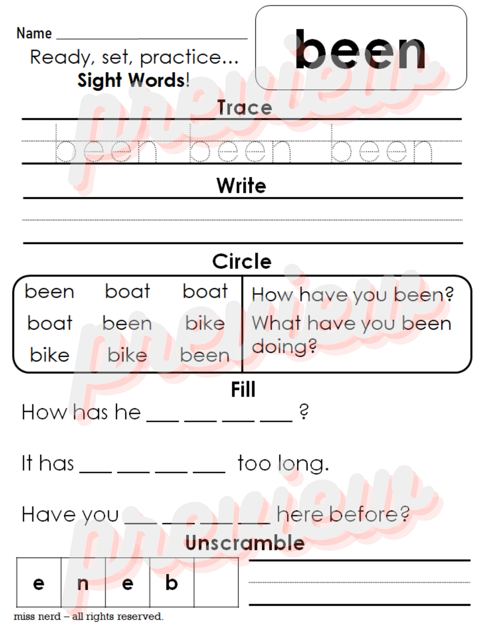 50 sight word worksheets pre primer level b miss nerd