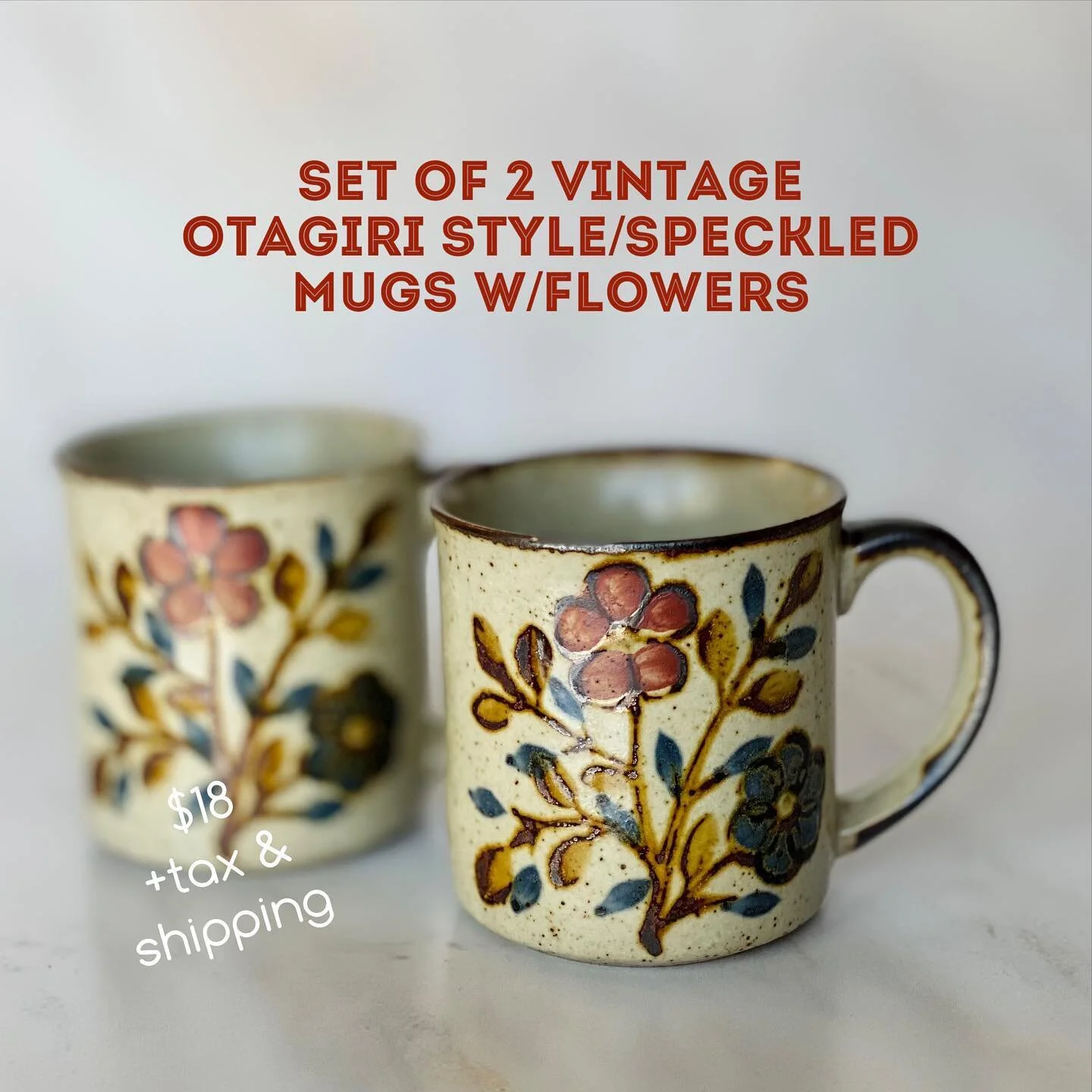 Beautiful vintage Otagiri style/speckled mugs with lovely flower details. 

1 mug has tiny chip, doesn&rsquo;t affect usage. See pics.

$18 +tax&amp;ship

DM for 1st Dibs.

#vintage #vintagestyle #vintageotagiri #vintagemug #vintagedecor #vintagedesi