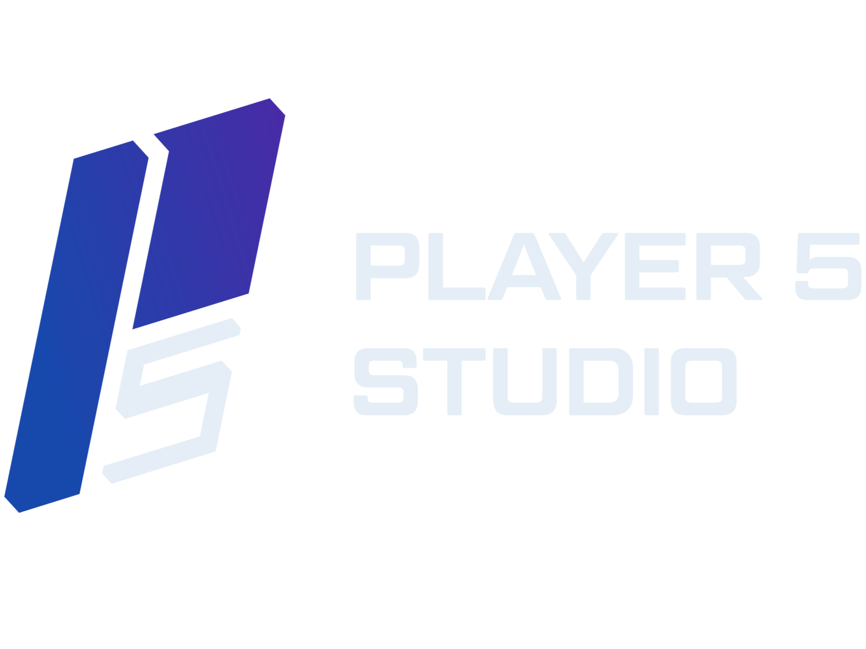 Logo for Player 5 Studio featuring two vertical blue parallelograms, with the text "PLAYER 5 STUDIO" in light colors reflecting on the surface beneath.