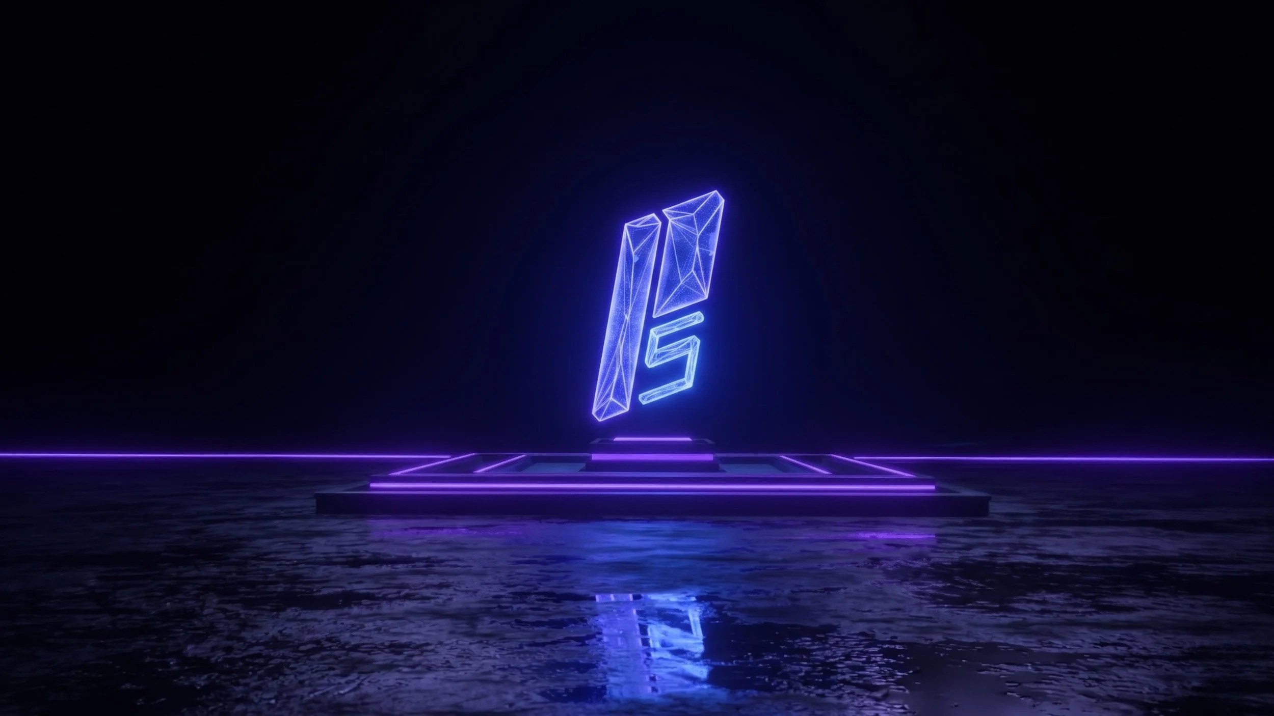 Futuristic neon blue glowing number 5 on a dark stage with purple neon accents and water reflection.
