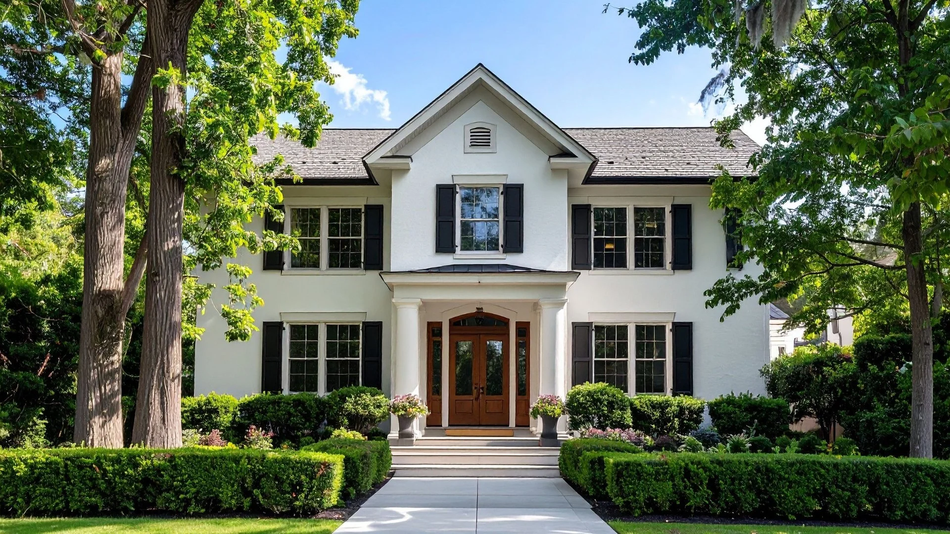 Front view of a large white two-story house with black shutters, a wooden front door, and a covered porch, surrounded by green trees and manicured bushes under a blue sky.