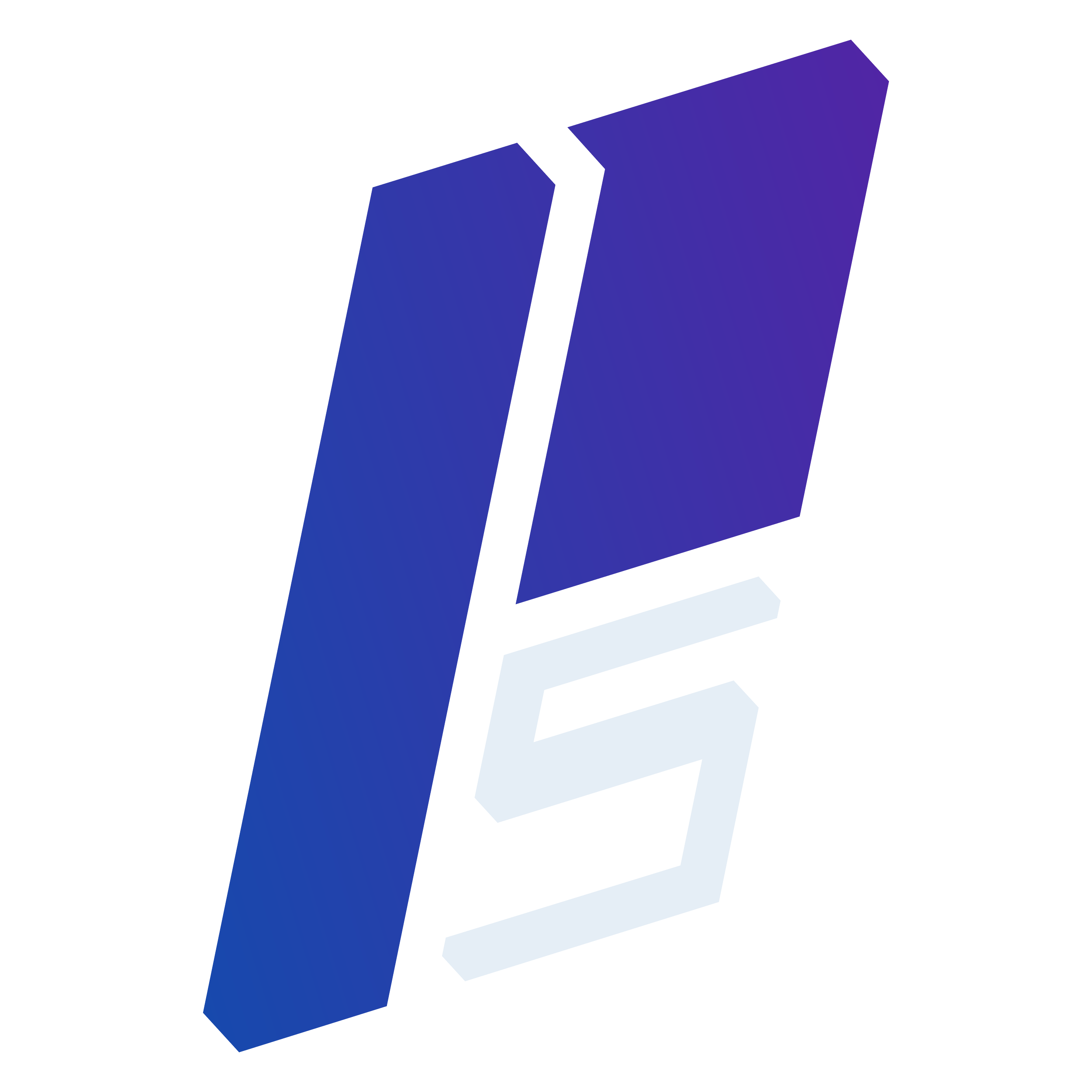 Abstract geometric design logo with blue, purple, and white shades forming angular shapes.