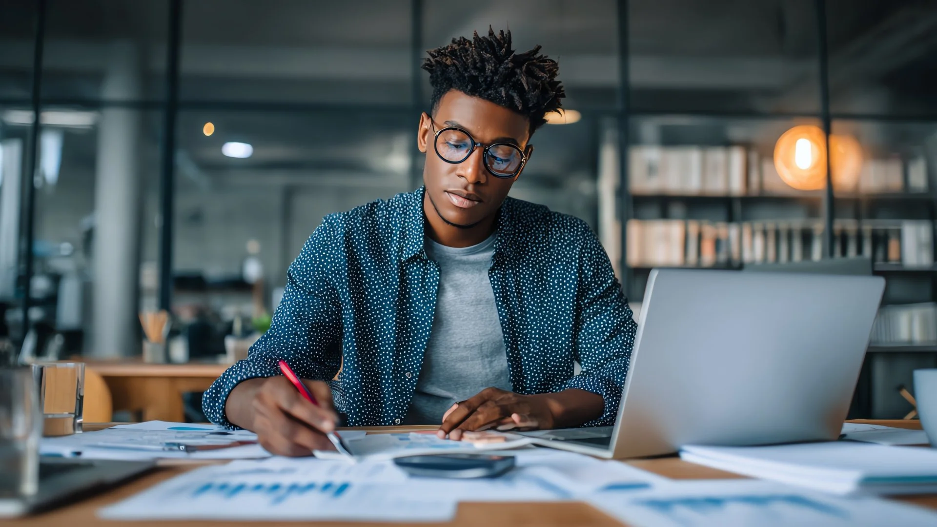 A young man with short dreadlocks, wearing glasses, a gray t-shirt, and a navy blue polka dot shirt, sitting at a wooden table in a modern office or library, working with papers, a red pen in his hand, with a silver laptop open in front of him.