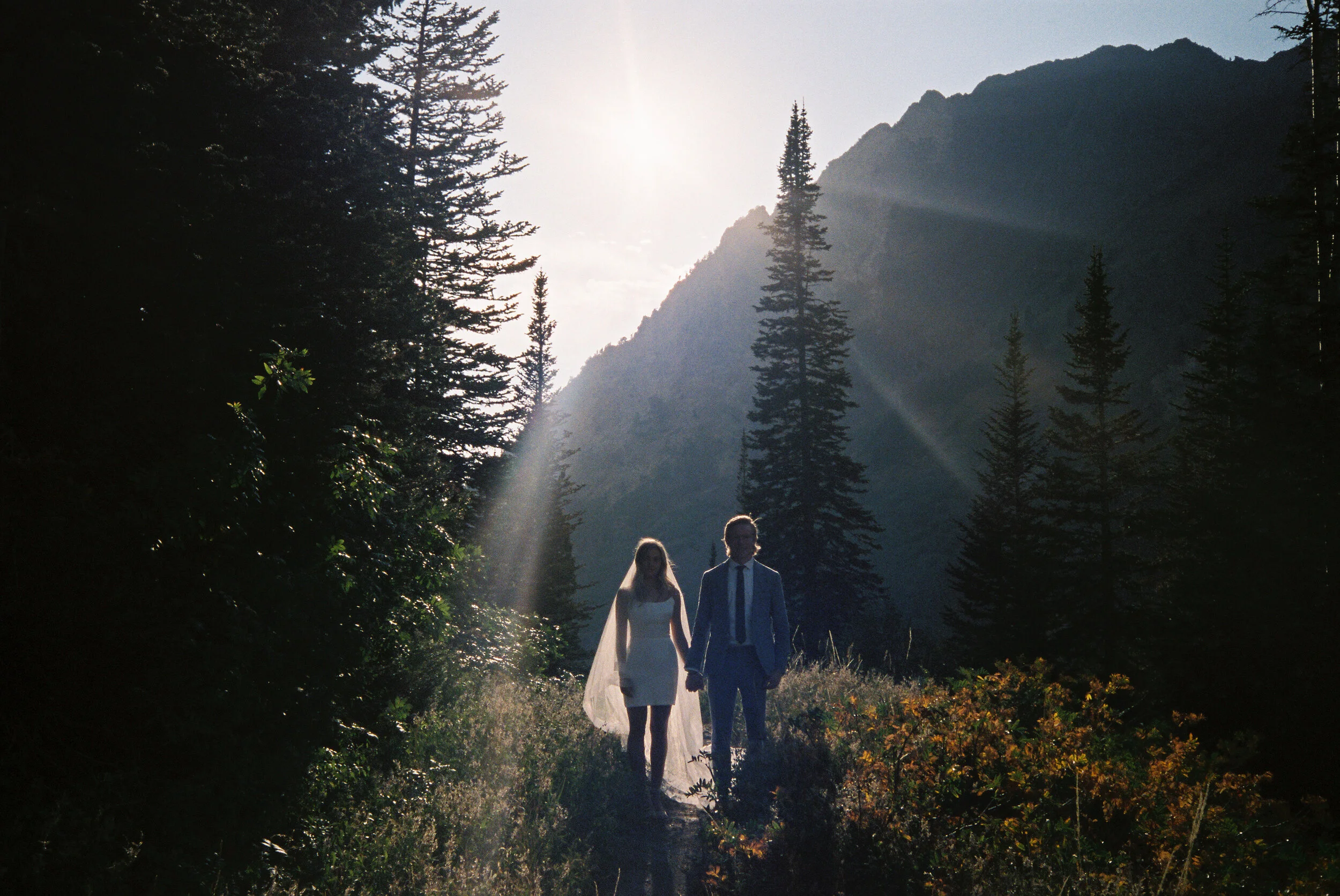 A bride and groom walking hand in hand through a forested mountain landscape with tall trees and mountains in the background, illuminated by sunlight.