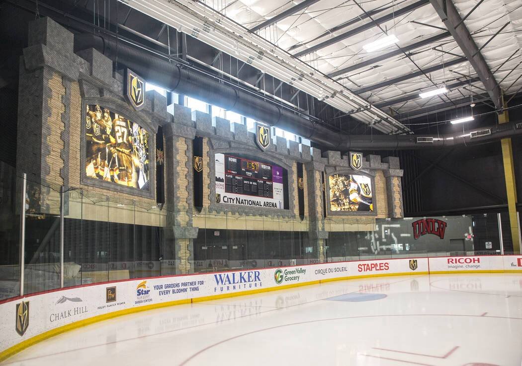 A view of the scoreboard inside the rink maintaining the Golden Knights theme