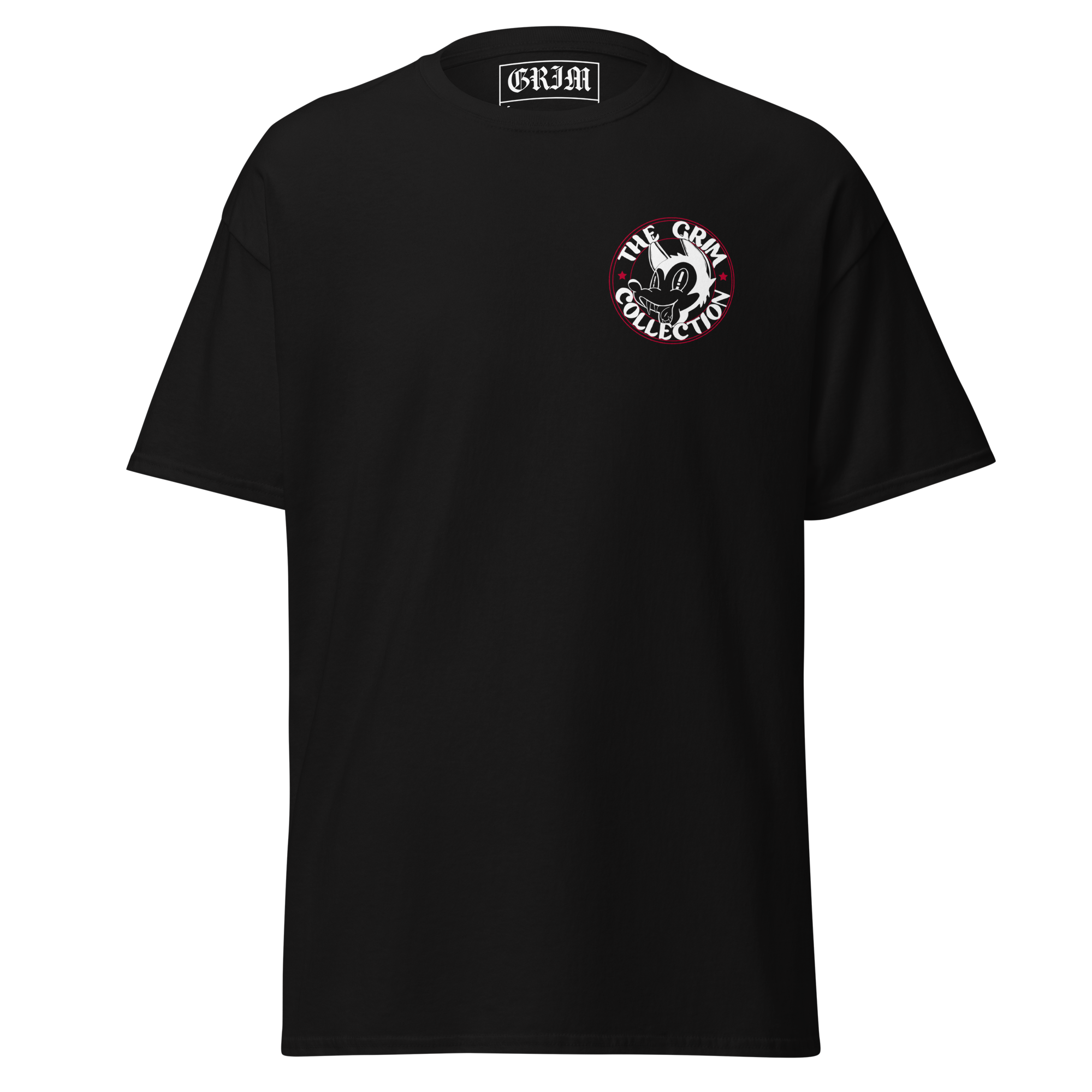 Black t-shirt with a circular graphic of a cartoonish wolf face and the words "The Grim Collection" on the front.