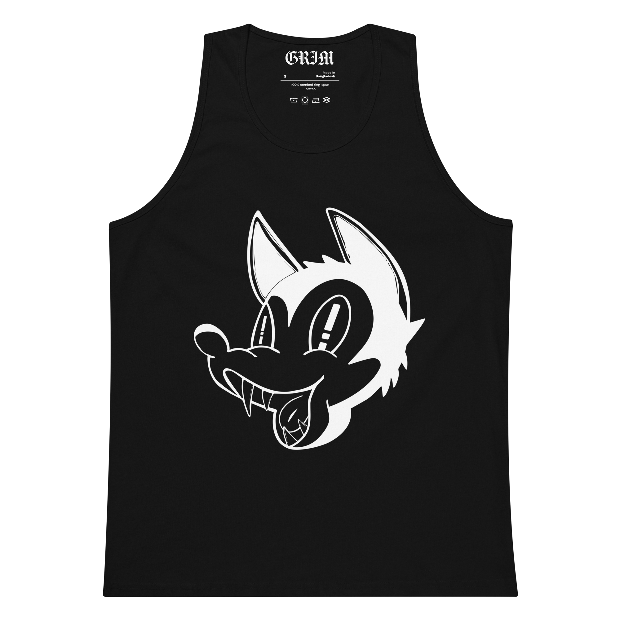 Black tank top with a white cartoon wolf face design on the front.