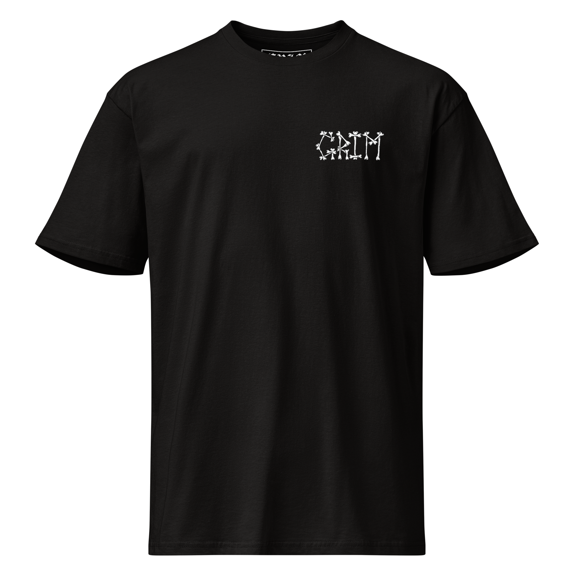 Black T-shirt with the word "GRIM" written in white bones