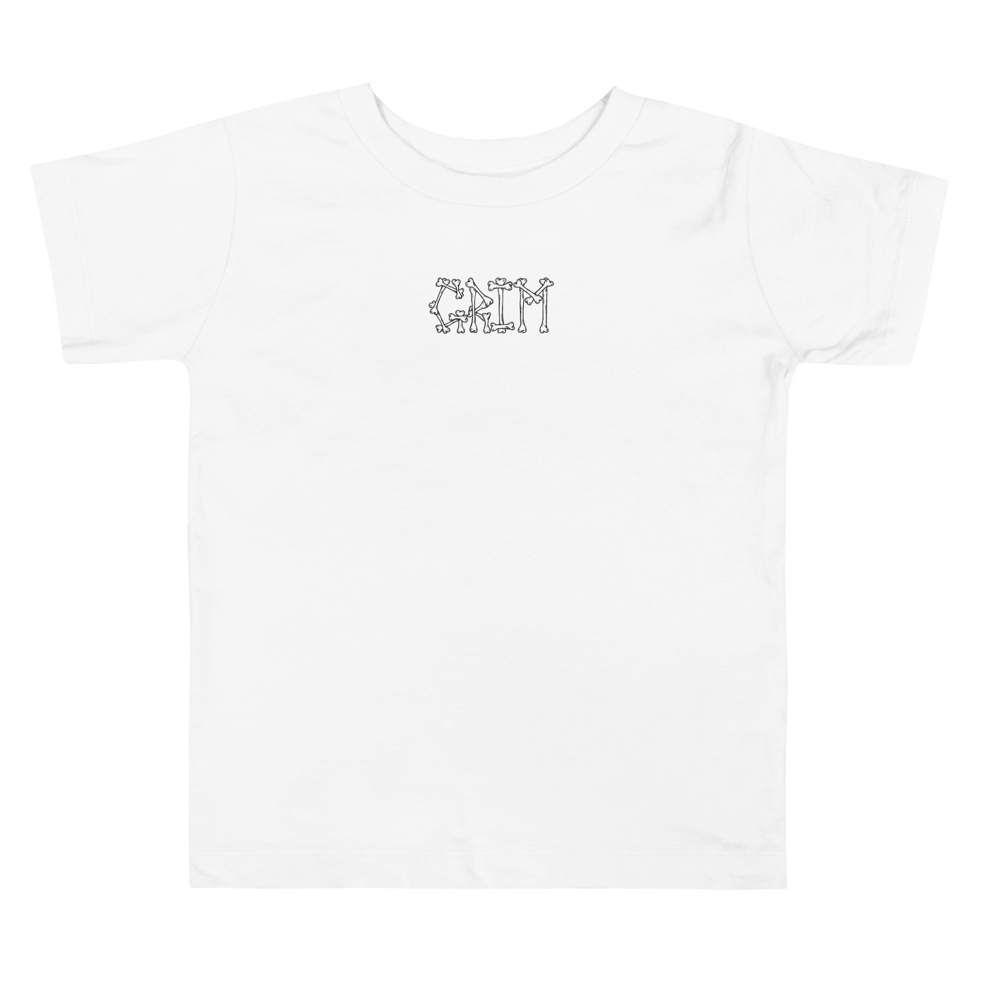 White T-shirt with the word "GRIM" written in black outline text decorated with small bone graphics.