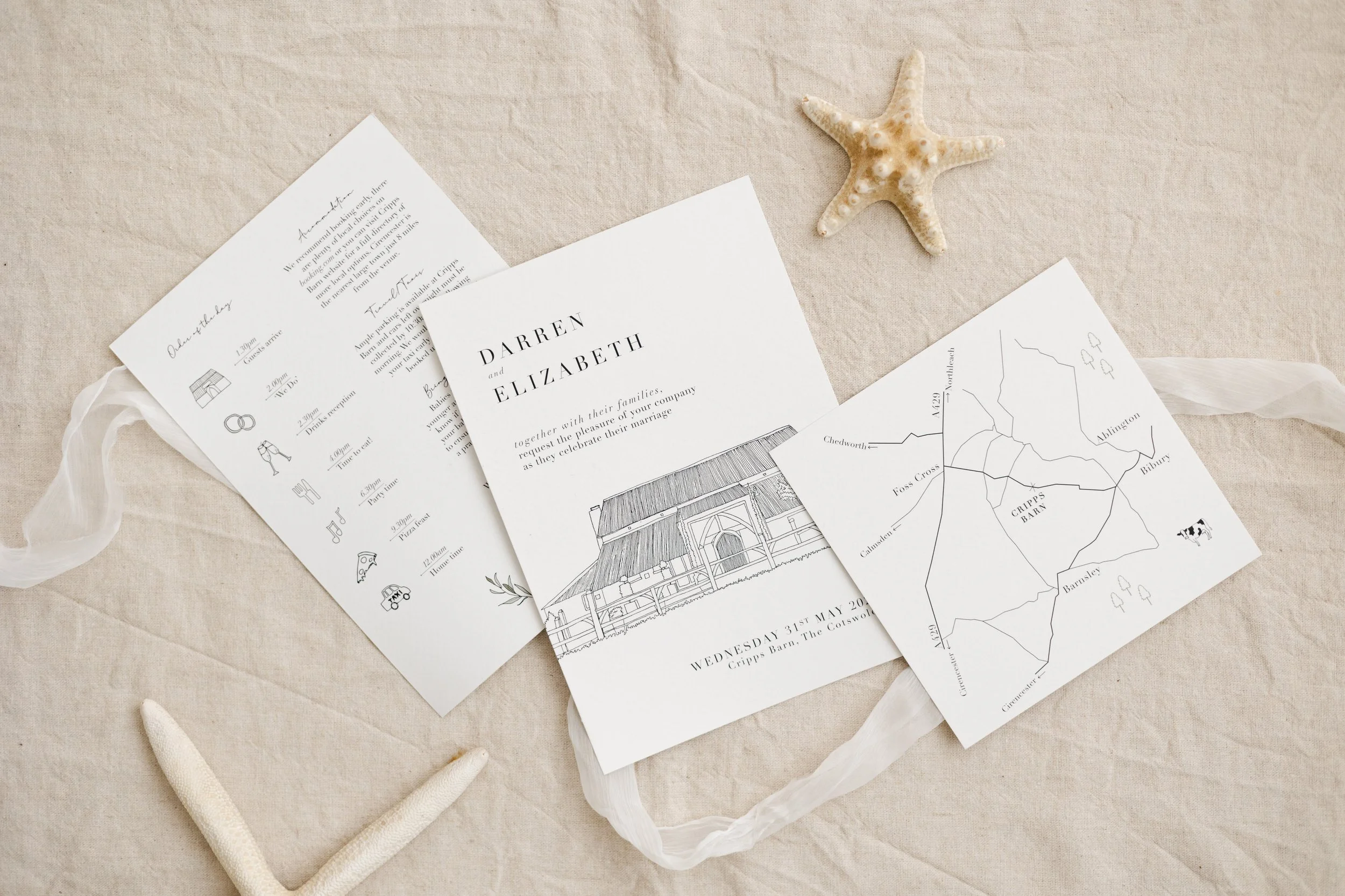 Cripps Barn Invitation Map Illustration Cotswolds Wedding Bespoke Stationery Trix Creative