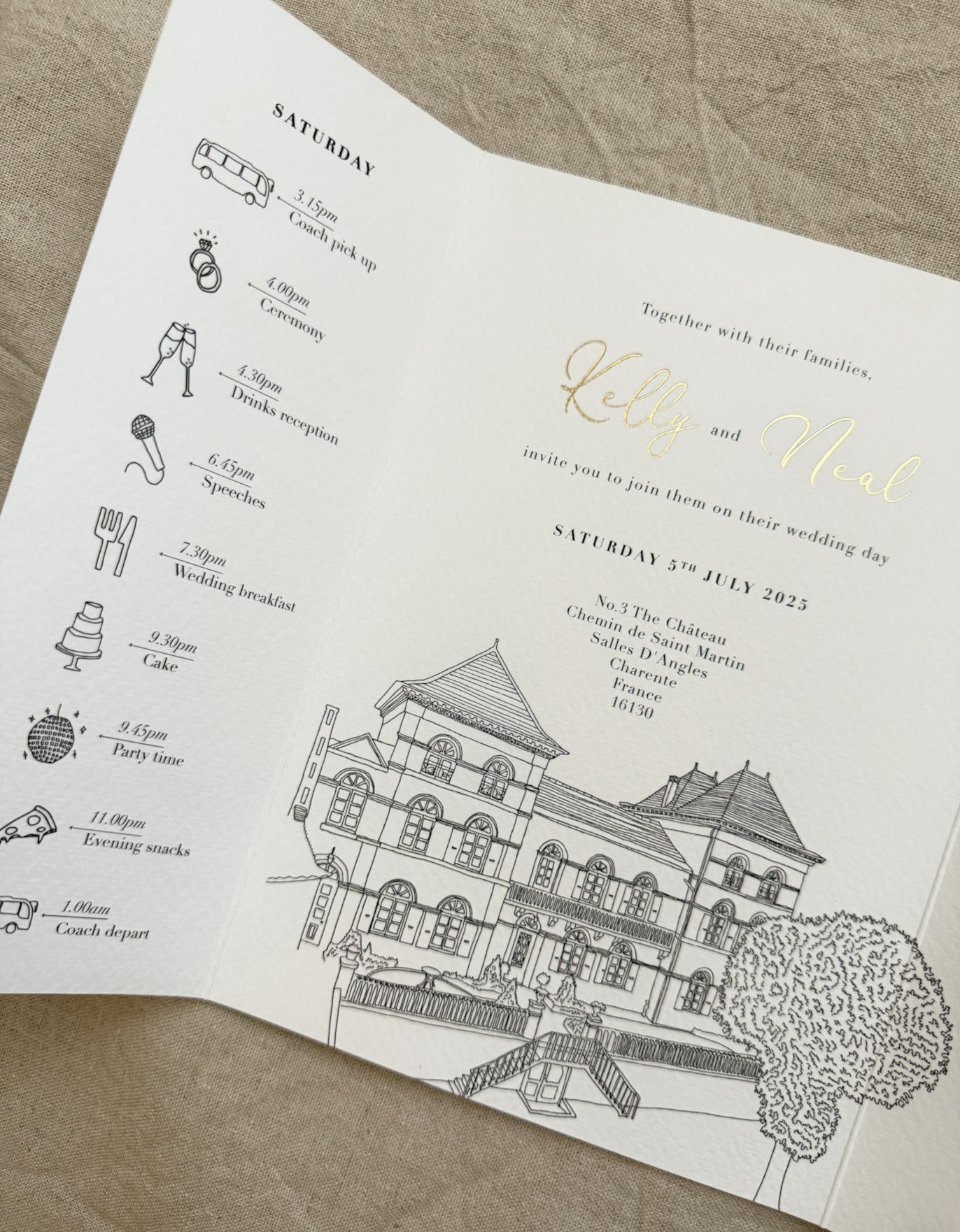 Gatefold Wedding Invitation Gold Foil Chateau Venue Illustration Trix Creative Classy