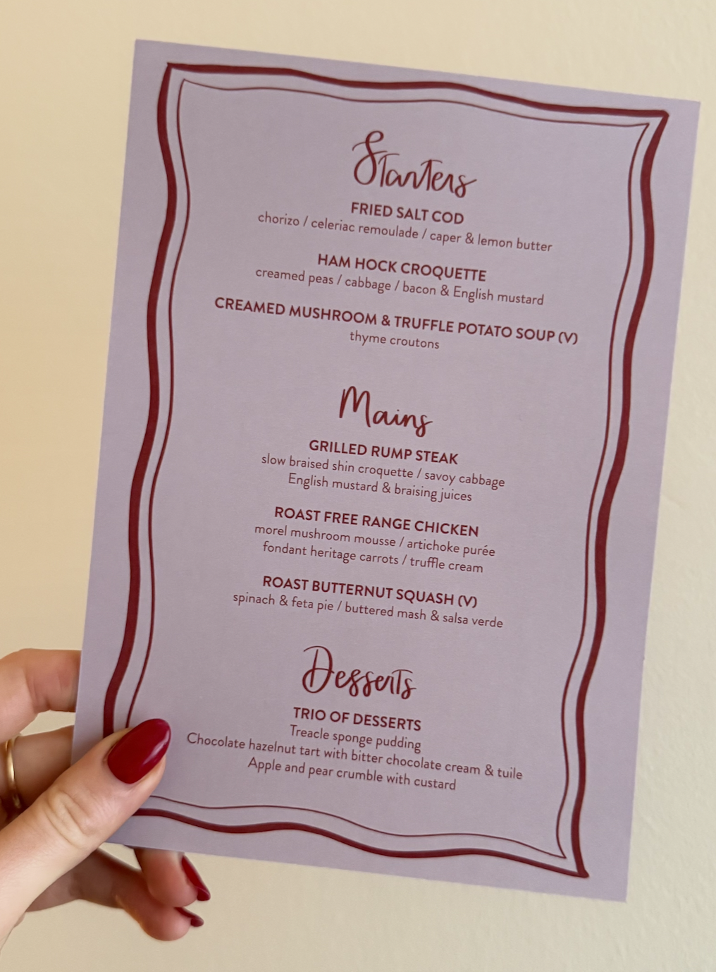 Wavy Menu Bespoke Pelham House Trix Creative Calligraphy