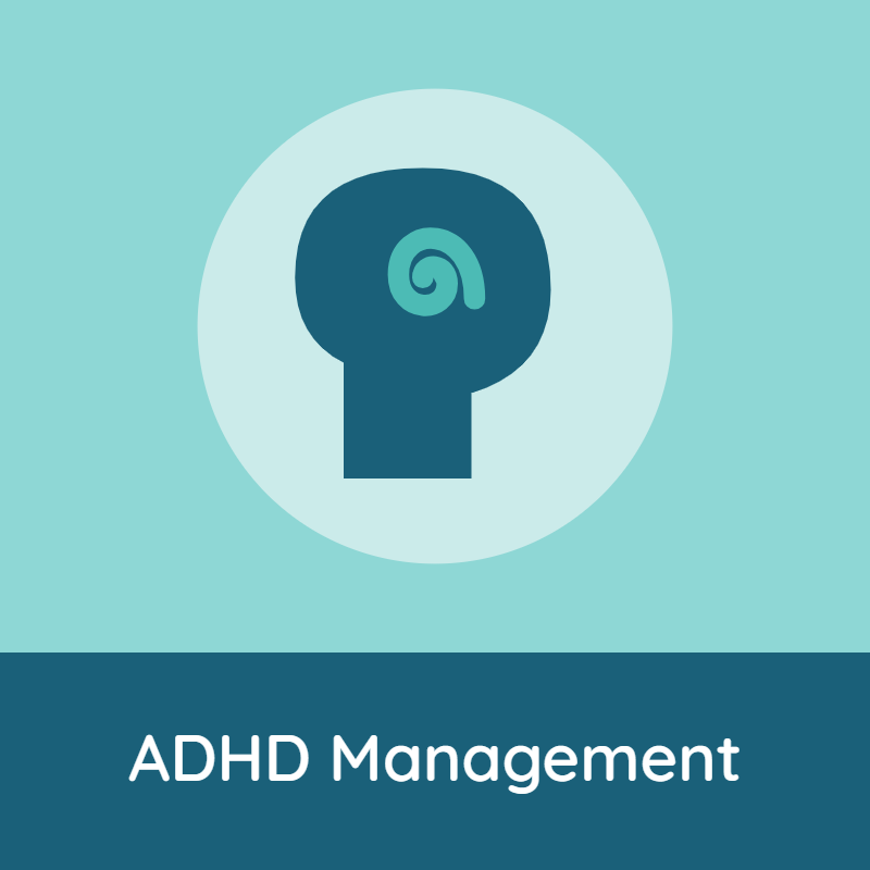 Icon of a brain with a spiral, representing ADHD management, on a light teal background with the text 'ADHD Management' at the bottom.