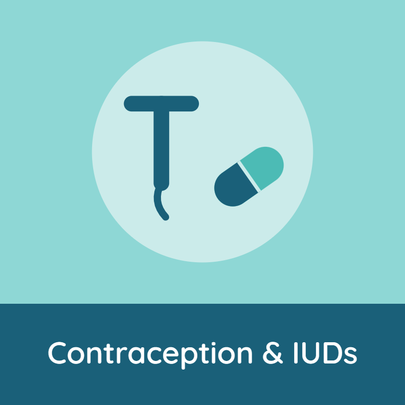 Illustration of a contraceptive device and a pill with the text "Contraception & IUDs."