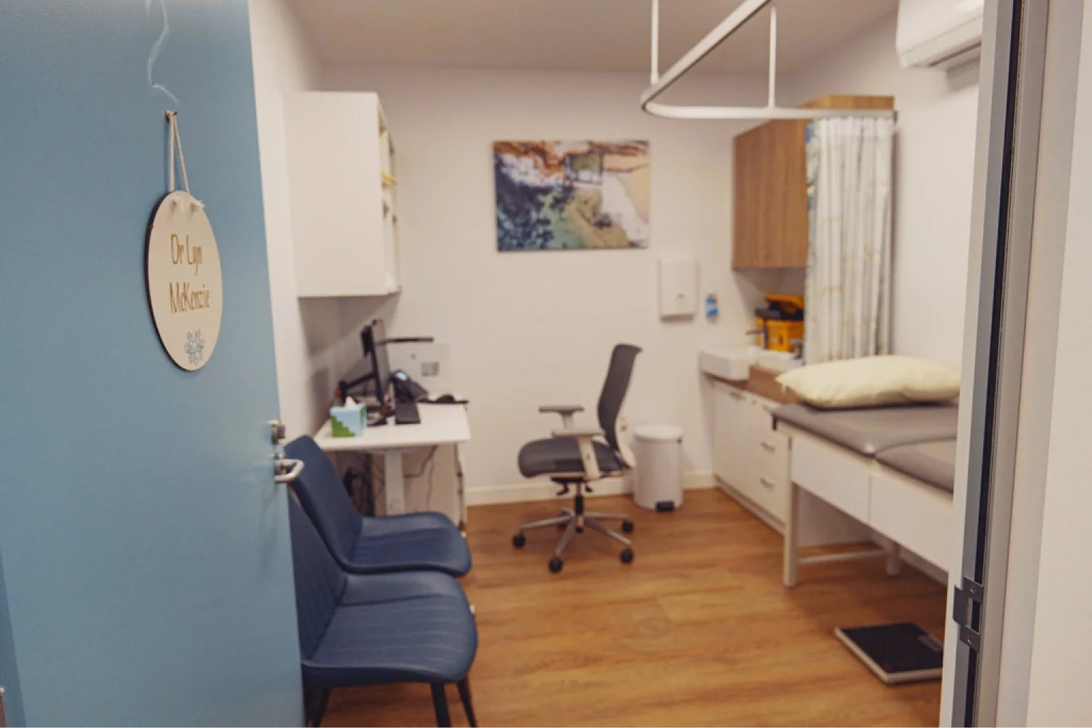 Dr Lyn McKenzie's consulting room at Coogee Beach Doctors, set up for general consultations and minor procedures.