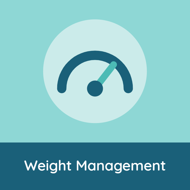 Icon of a gauge meter with a needle pointing to the high end, above the words 'Weight Management'.
