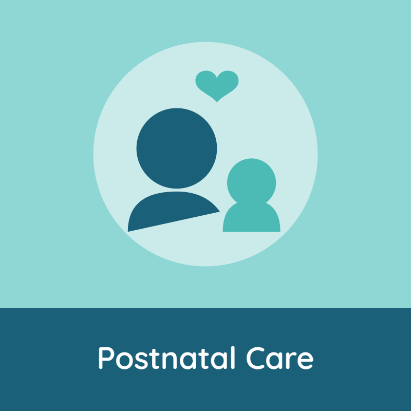 Icon of two people, one larger and one smaller, with a heart above them, along with the text 'Postnatal Care'.