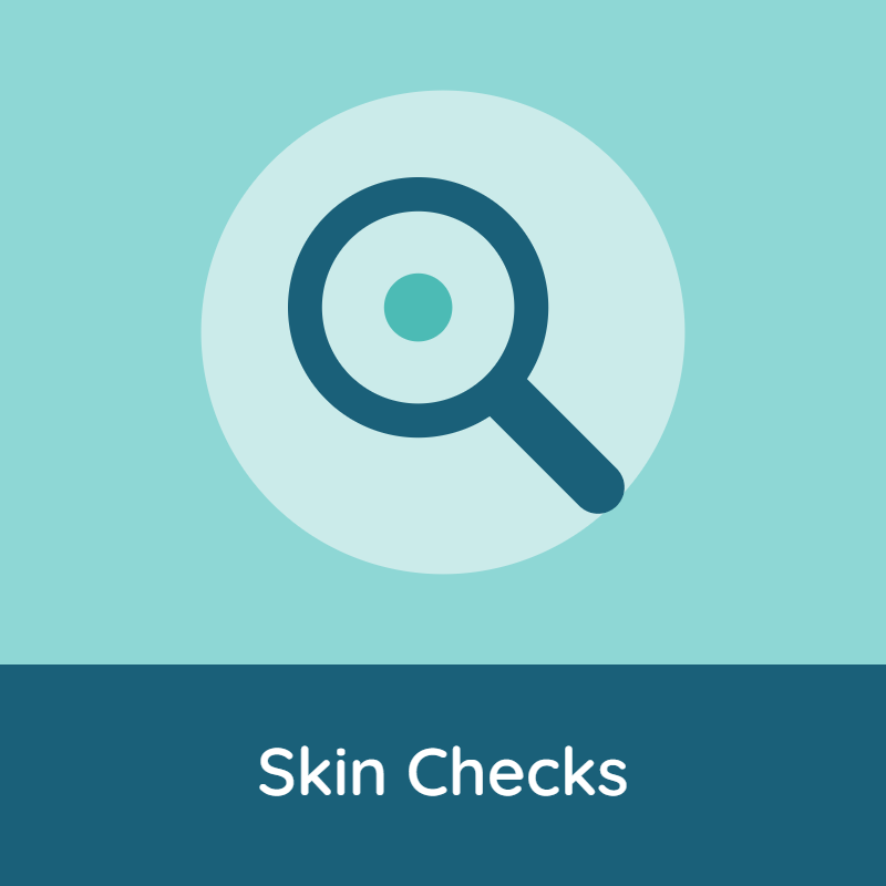 Magnifying glass icon over a light blue background, with the text 'Skin Checks' at the bottom.