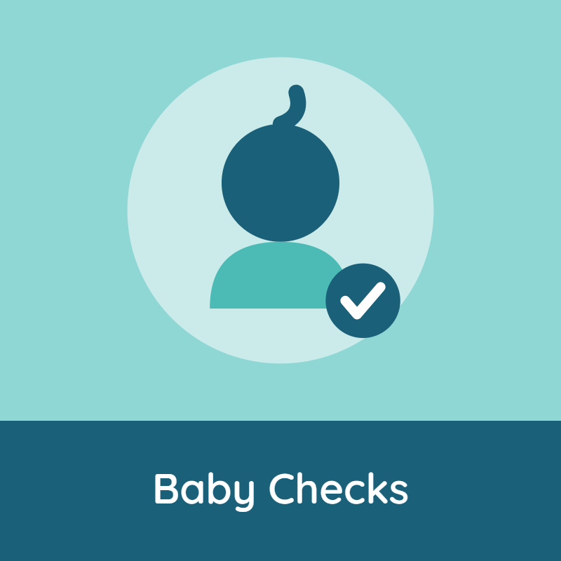 image of a cartoon baby with a tick representing baby checks