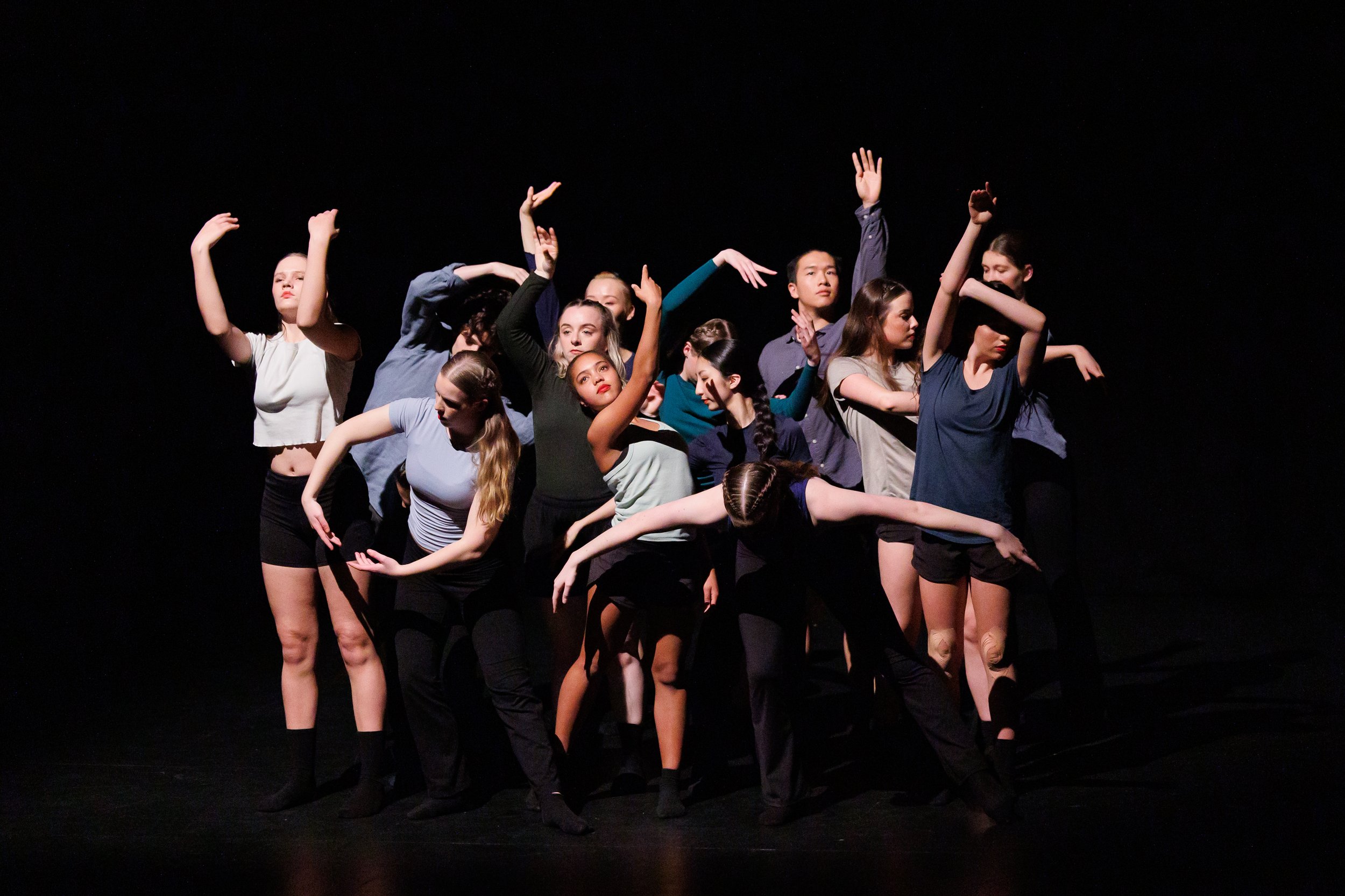 Advanced dancers in varying contemporary ballet lines dance together in Echoing Orbits by Madison Cronin