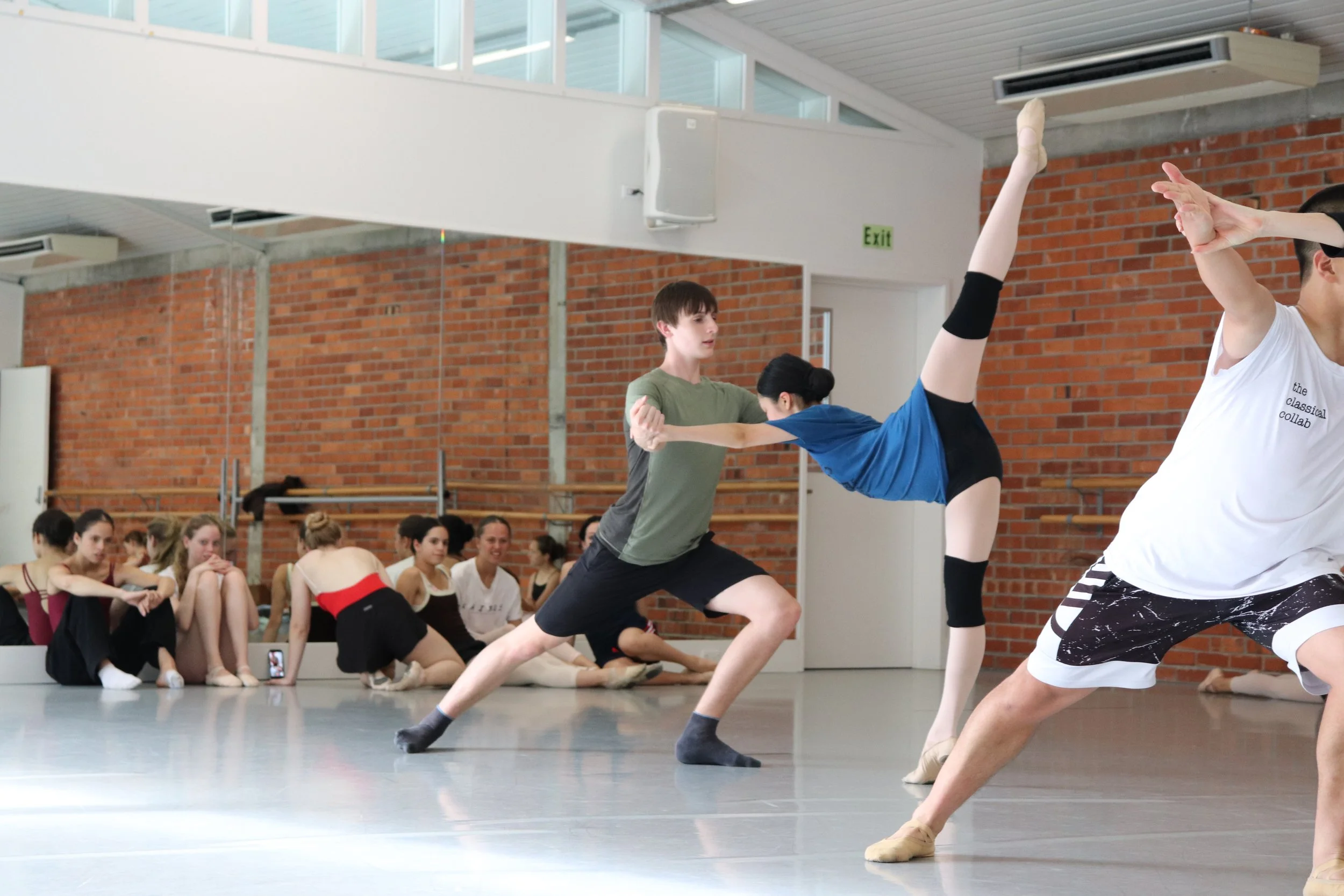 Pas deux with male dancer in a lunge holding hands of a female dancer in penche line