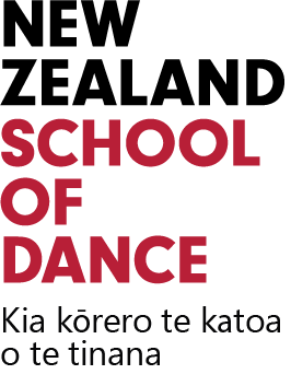 New Zealand School of Dance logo written in bold with red and black block lettering including taonga