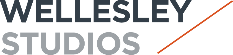 Wellesley Studios logo in black and grey block lettering with a red diagonal line