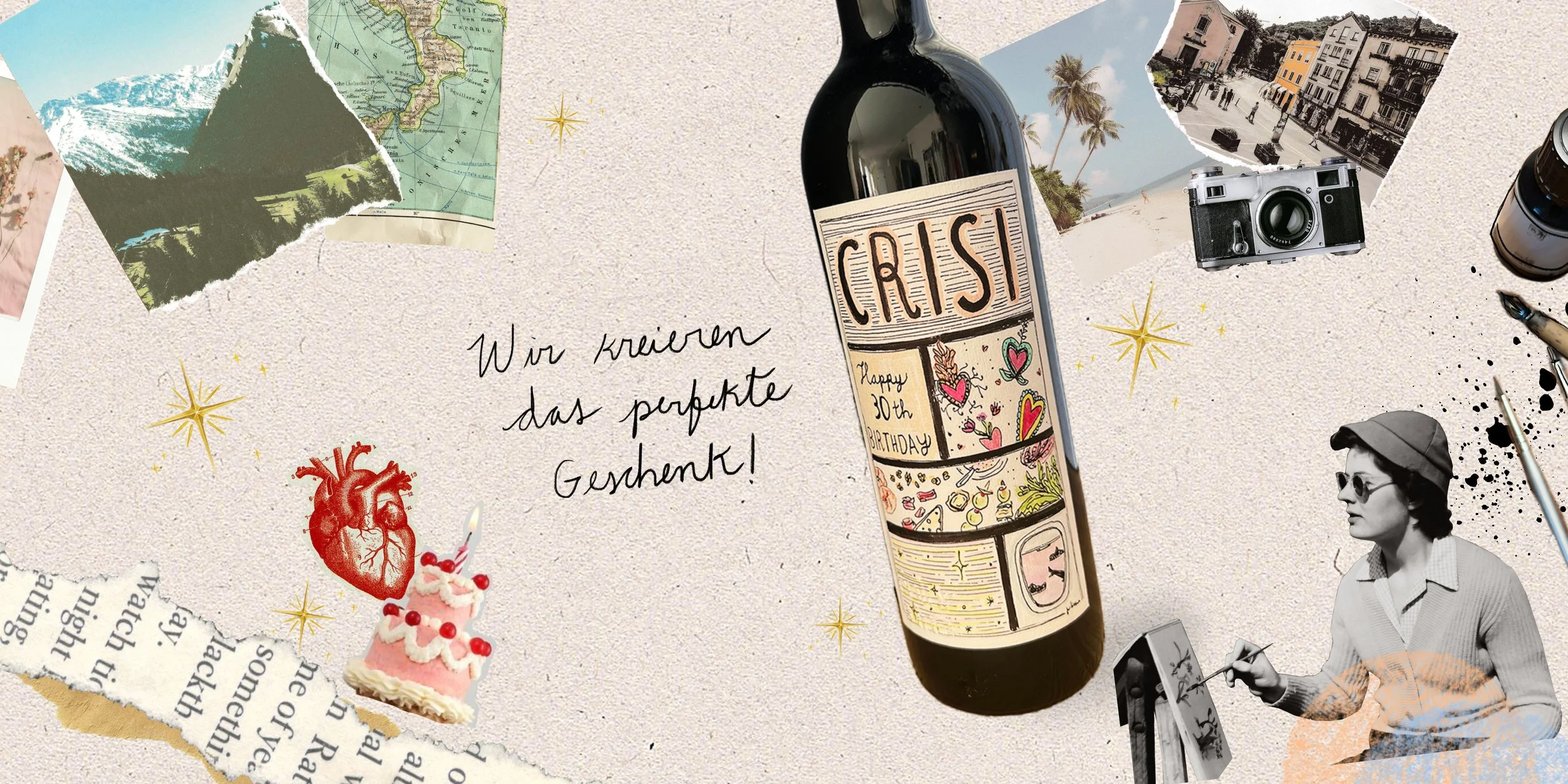 Collage mit einer Flaschewein, diese hat eine handgezeichnete Etikette. 