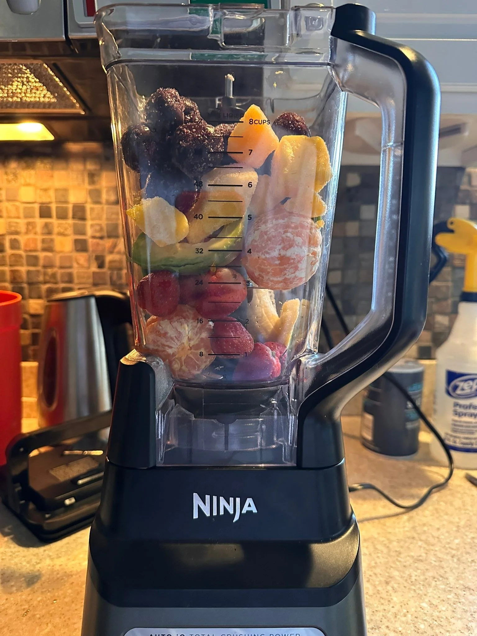 Happy Tuesday!  A smoothie after a workout.  Avocado 🥑, banana 🍌, strawberry 🍓, cherries 🍒, mango 🥭, oranges 🍊, coconut 🥥 milk, apple 🍎 juice.