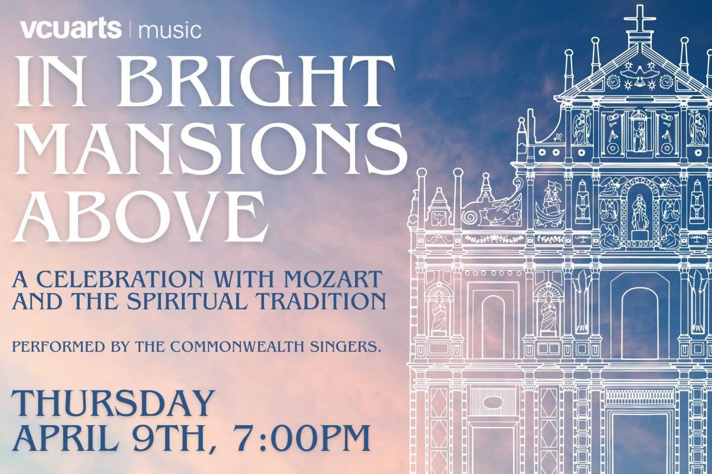 The VCUarts Commonwealth Singers will perform at St Mark&rsquo;s Episcopal Church on Thursday, April 9th at 7:00pm. The performance will feature Mozart&rsquo;s Coronation Mass (K. 317) with a chamber orchestra and organ, and a selection of African Am