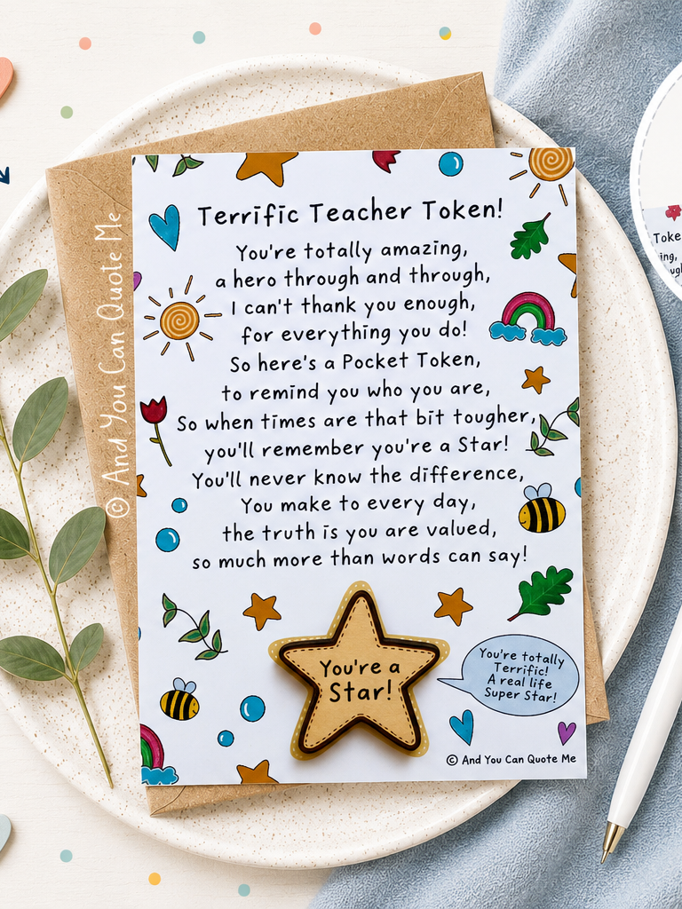 © 'Terrific Teacher...'  A6 Postcard with Keepsake Token