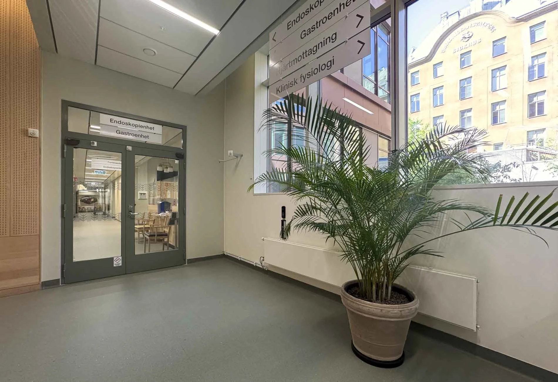 View of ward and corridor where Oscar Furbacken's site specific artwork "Cleft" (Bergsklyfta) is located at Ersta Hospital