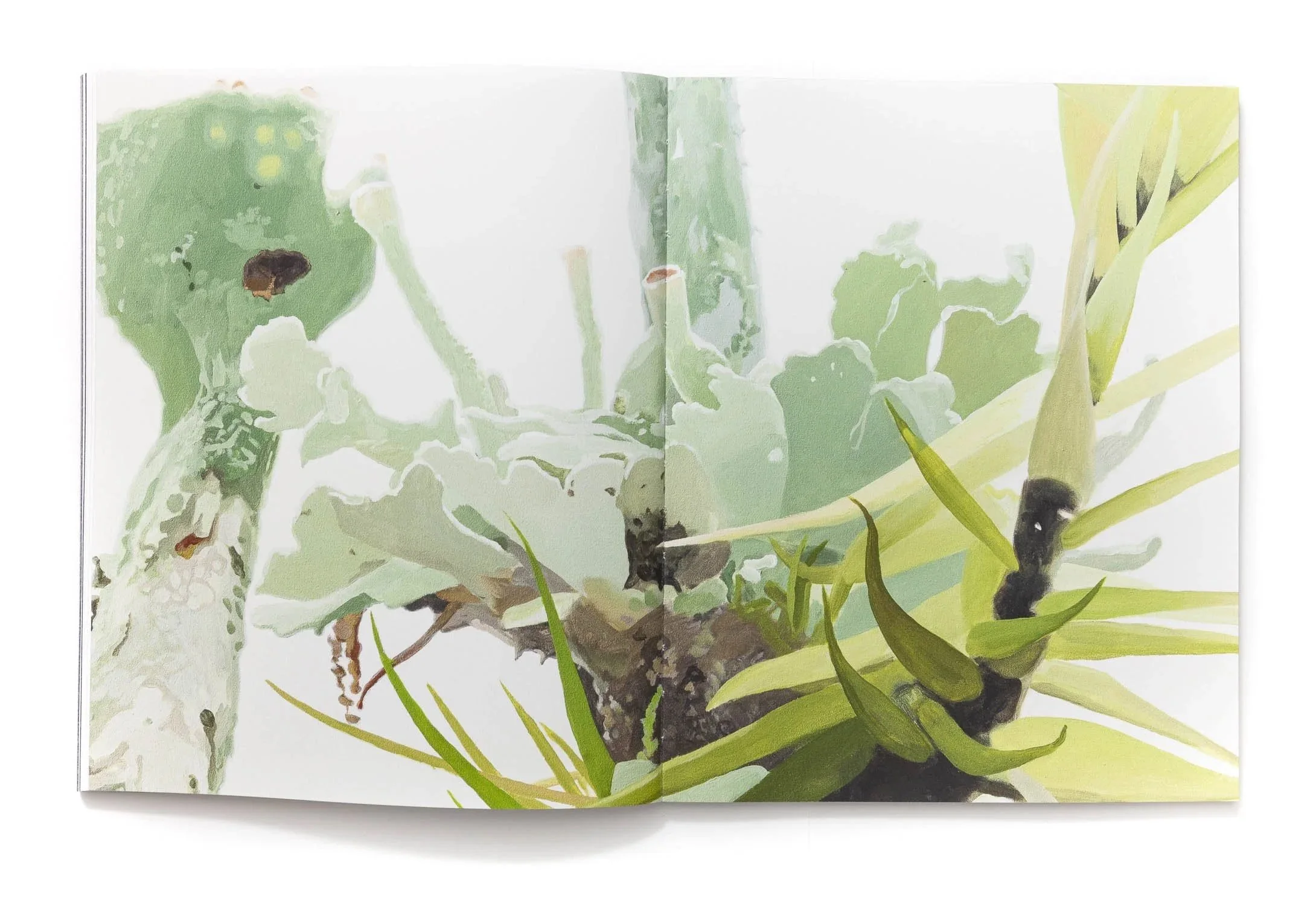 spread from the publication Concealed Landscapes about Oscar Furbacken's art, by Faethon Press 2025, detail from his painting Rising