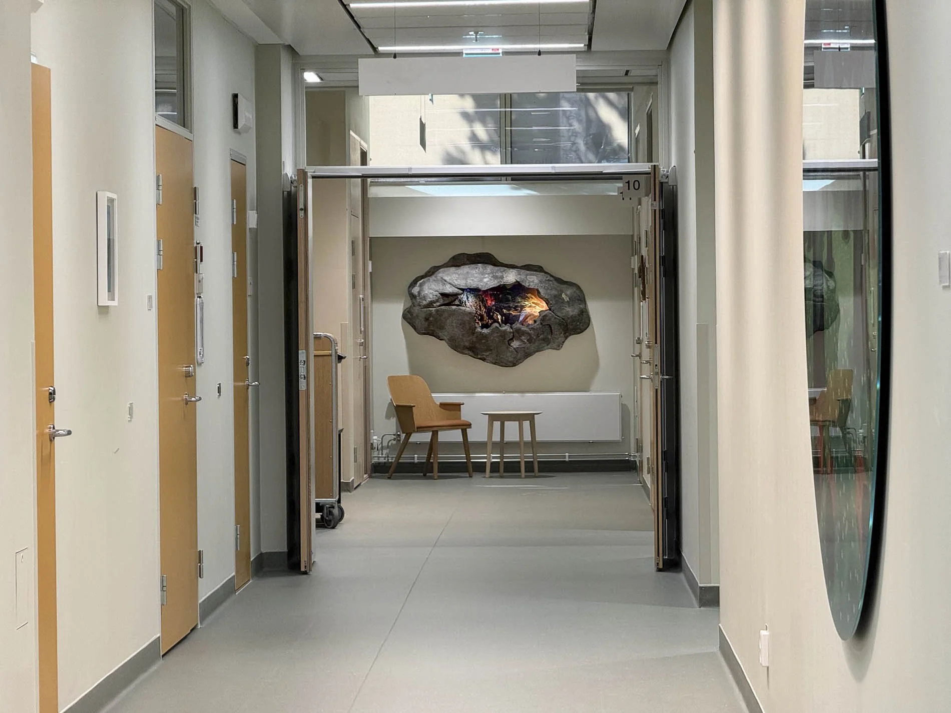 Installation view 2 of Oscar Furbacken's site specific artwork "Cleft" (Bergsklyfta) at Ersta Hospital 2026
