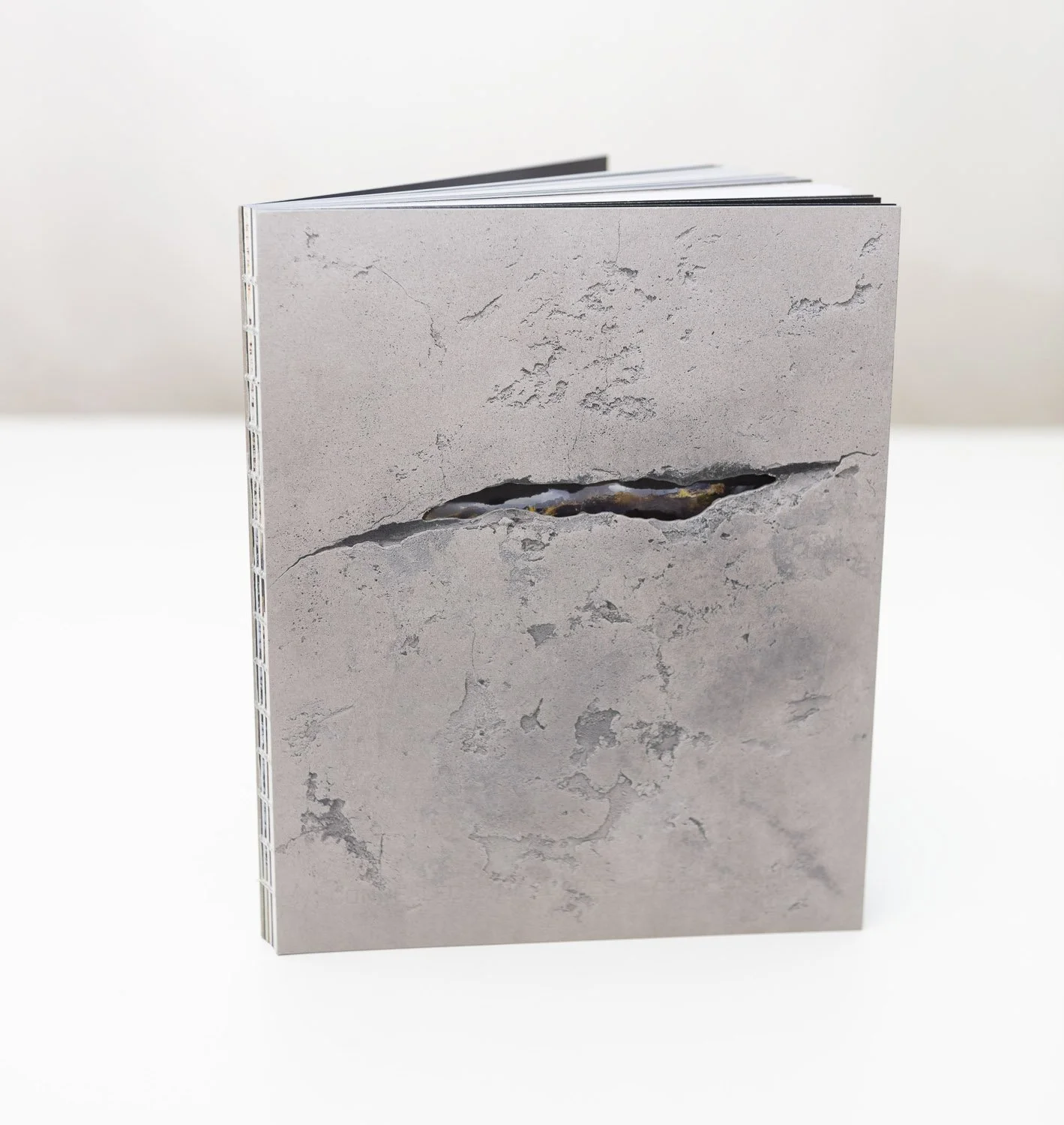 view of the publication Concealed Landscapes about Oscar Furbacken's art, by Faethon Press 2025. The crack on the cover is from the concrete piece "Vittring".