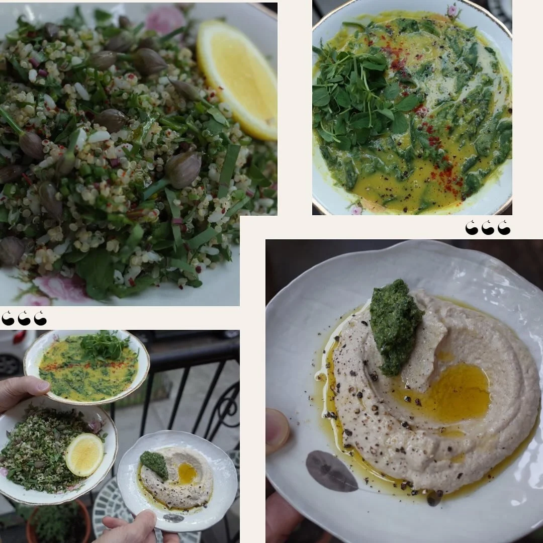 ~MEZZE STYLE~ Lemony Garlicy Dal with Wild Spinach/ Dandelion &amp; Chive Tabouleh/ Jerusalem Artichoke &amp; Sunflower Seed Spread/ Watercress &amp; Green Garlic Salsa Verde

#creativekitchari 
#springclean