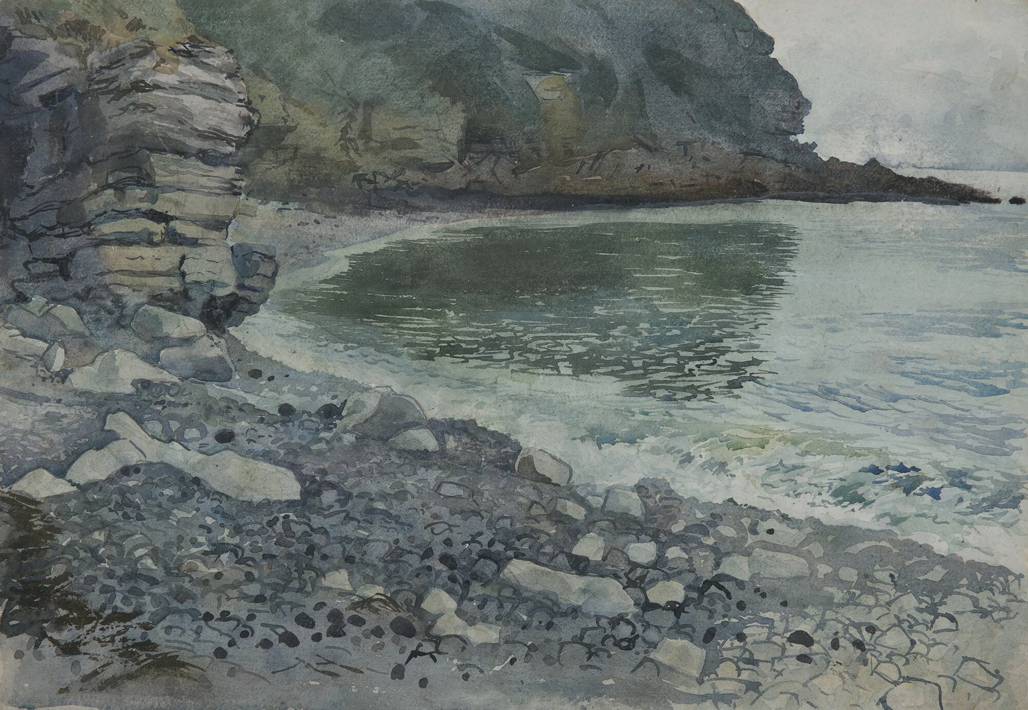 Coastal Scene with Cliffs and Stoney Beach. Watercolour, 29 x 42 cm.