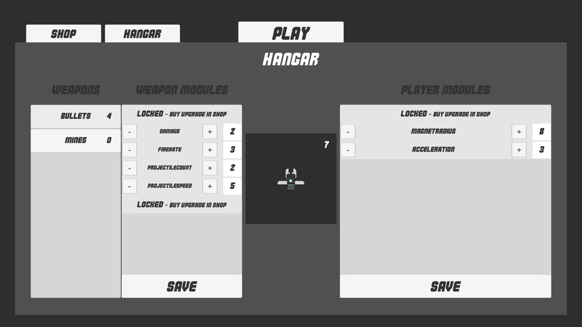 The hangar: this is is where you upgrade your weapons and your shop.
The UI is still very much a work in progress.