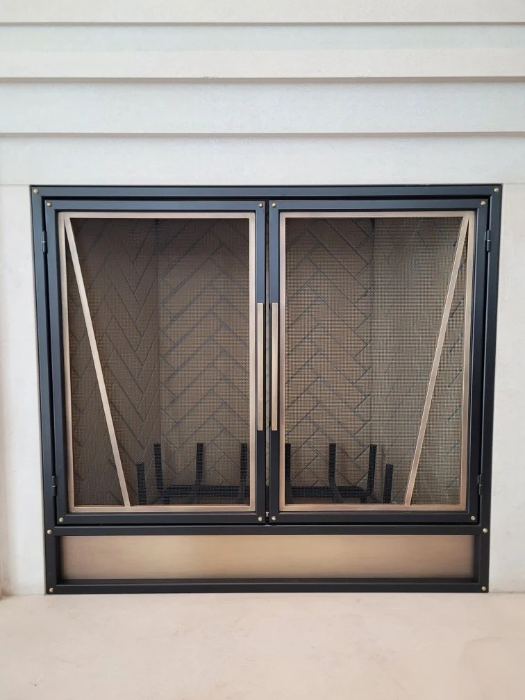 Mixed Metal Fire Screen with French Doors with Brass Details -  Front View
