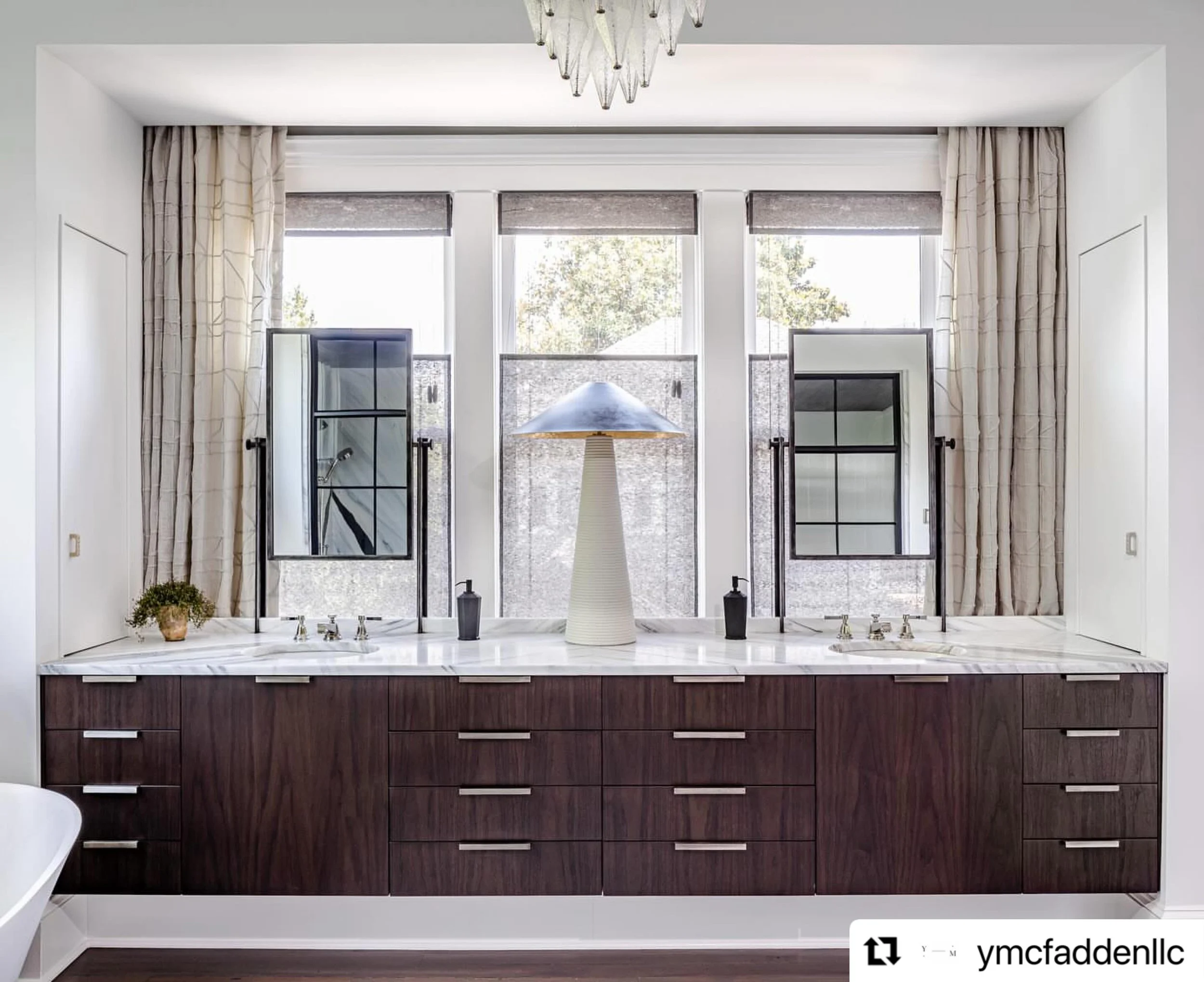 Had to repost this amazing bathroom design by @ymcfaddenllc . We helped with the custom stainless mirrors integrated into the stone top . We did these a few years ago but love how they turned out ! @revivalconstructionatlanta did a great job with bui